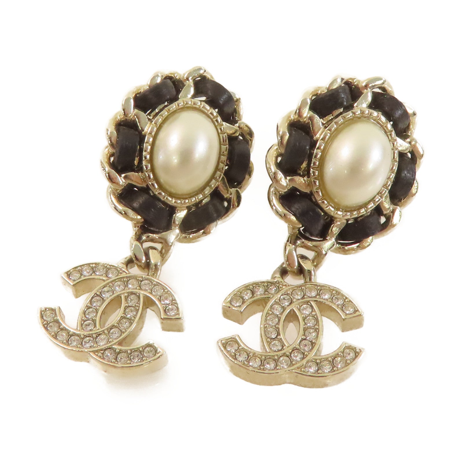 CHANEL 仿珍珠/金屬CC Earrings耳環黑色/金色/珍珠色