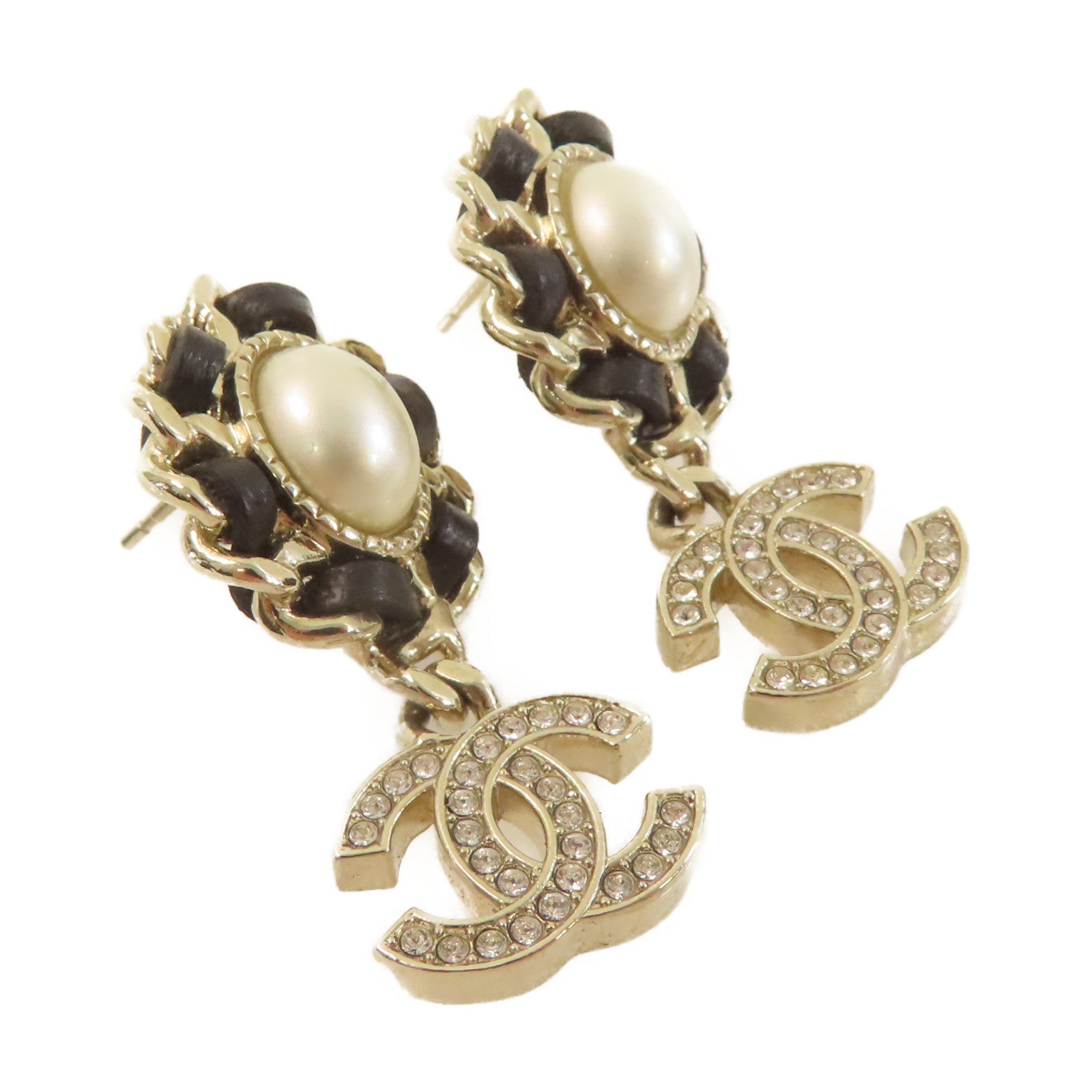 CHANEL 仿珍珠/金屬CC Earrings耳環黑色/金色/珍珠色