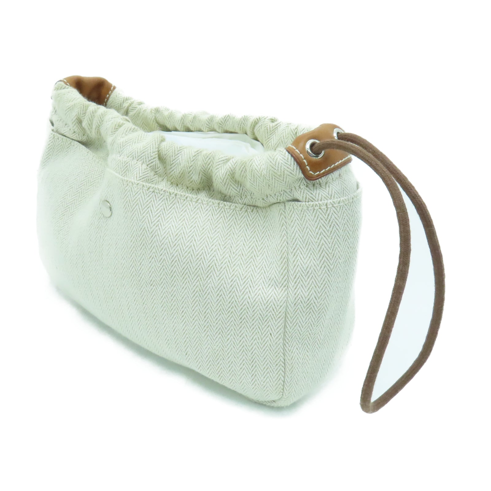 HERMES 帆布Dust Bag銀扣手拿包白色/棕色