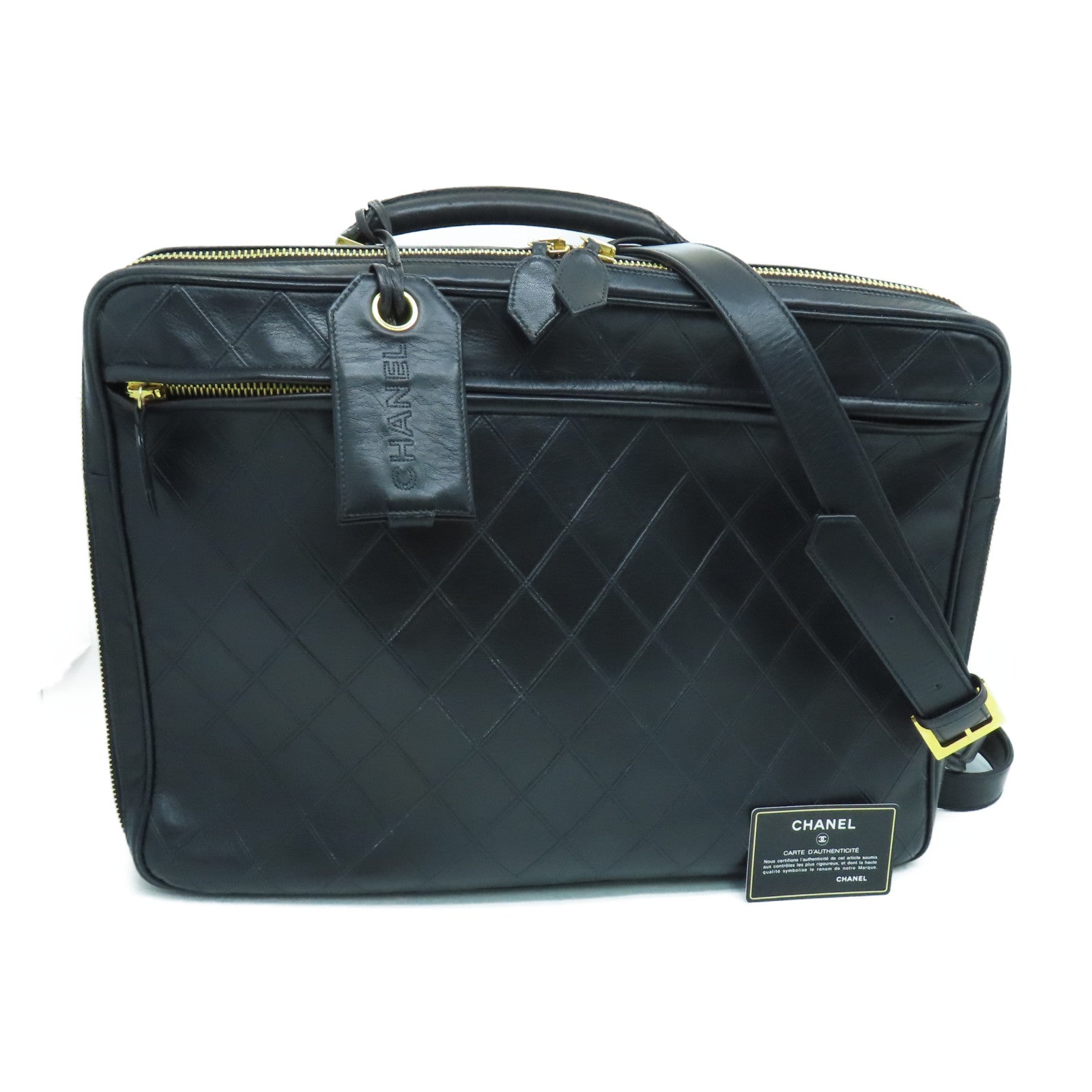 CHANEL 菱格牛皮皮革Travel Bag金扣旅行袋黑色
