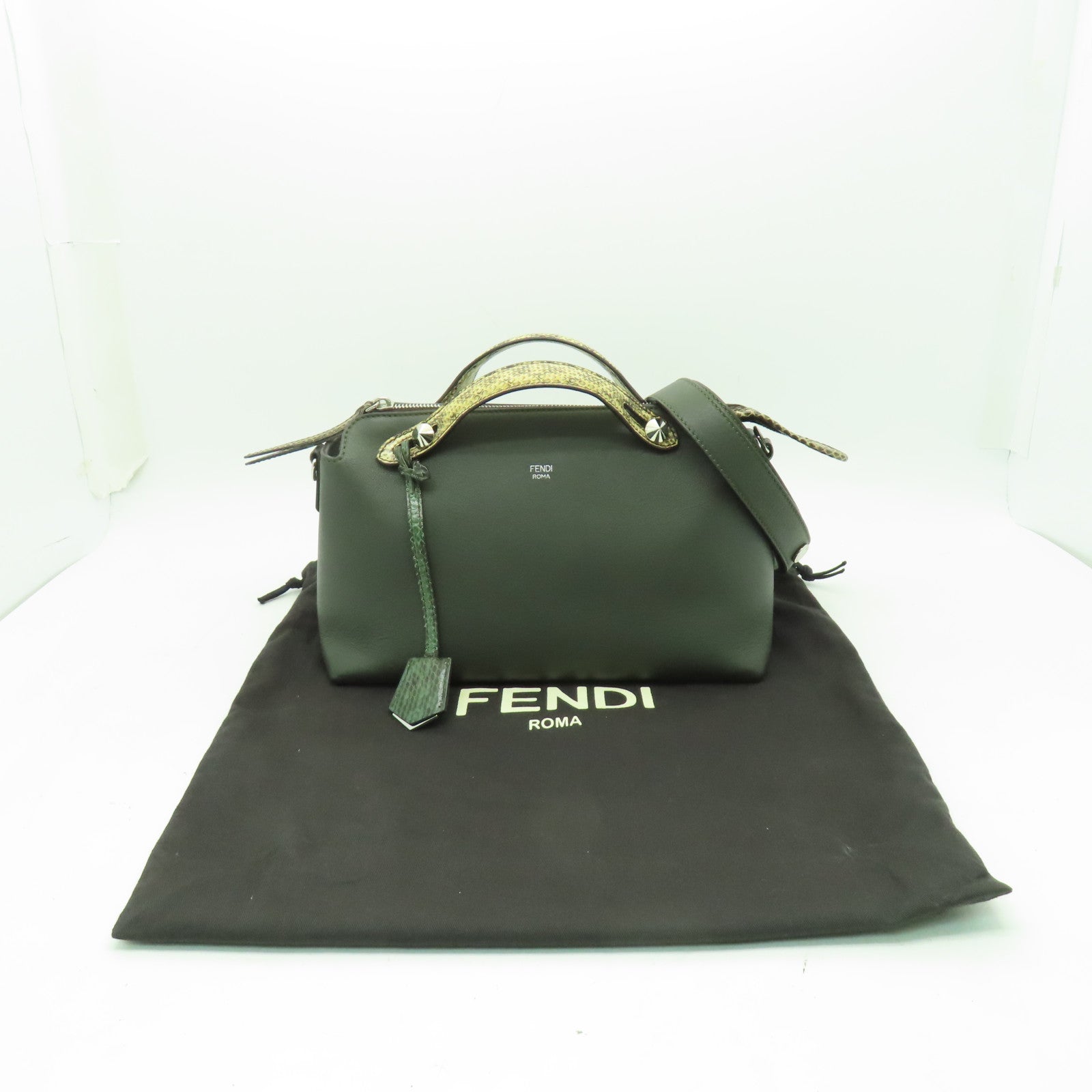 FENDI 牛皮皮革/蛇皮皮革By The Way銀扣手挽肩背兩用袋深綠色