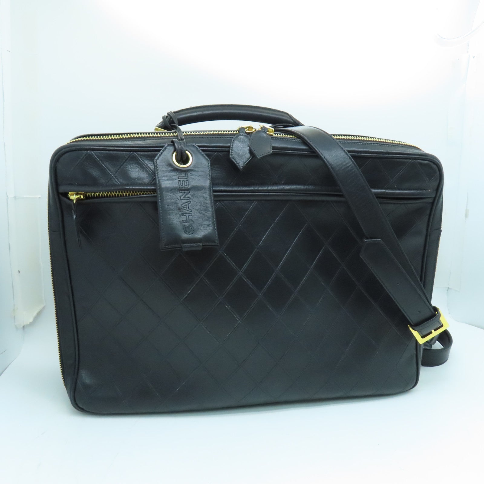 CHANEL 菱格牛皮皮革Travel Bag金扣旅行袋黑色