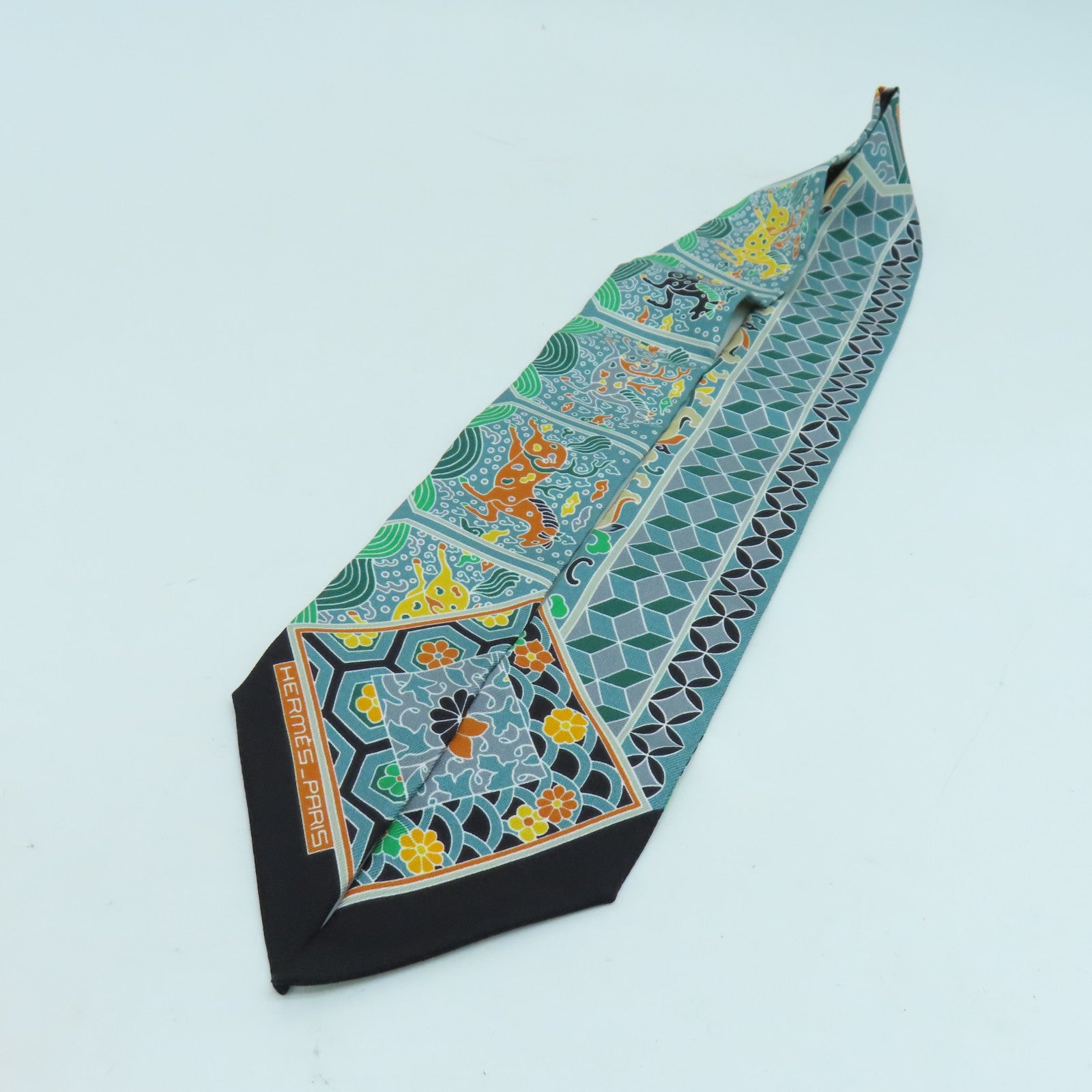 HERMES 絲質Twilly絲巾綠色彩色