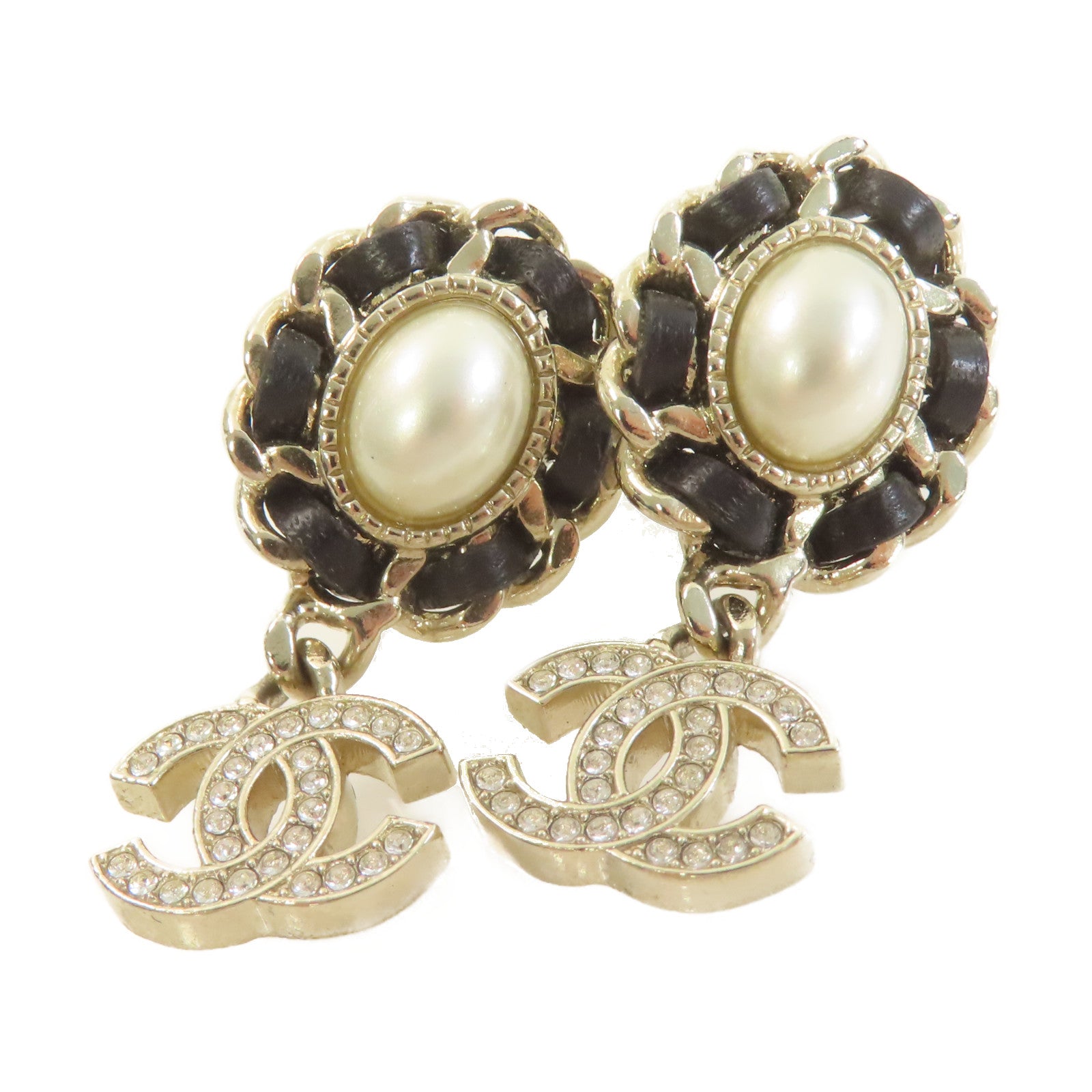 CHANEL 仿珍珠/金屬CC Earrings耳環黑色/金色/珍珠色