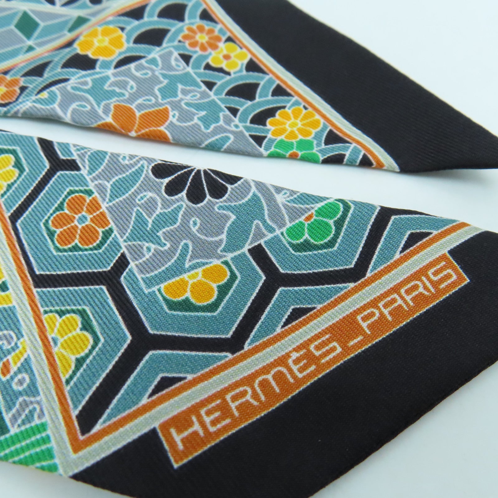 HERMES 絲質Twilly絲巾綠色彩色