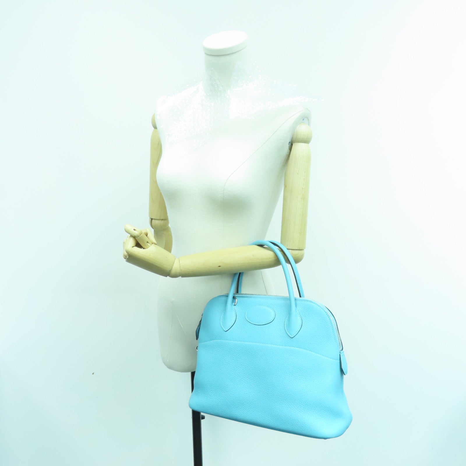 HERMES Clemence皮革Bolide 31銀扣手挽肩背兩用袋Blue Atoll淺藍色