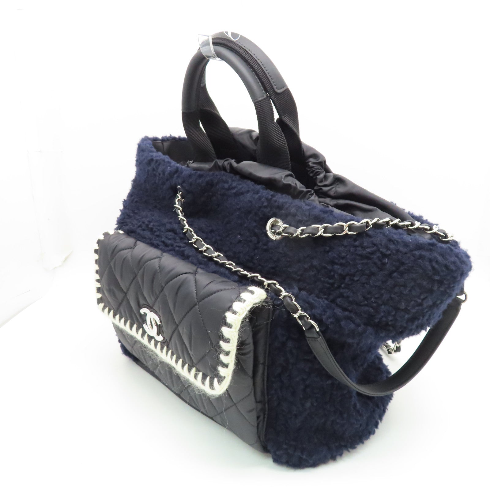 CHANEL Rhombus Wool/Nylon Tote Bag Silver Buckle Chain Belt Handle Bag Dark Blue/Black