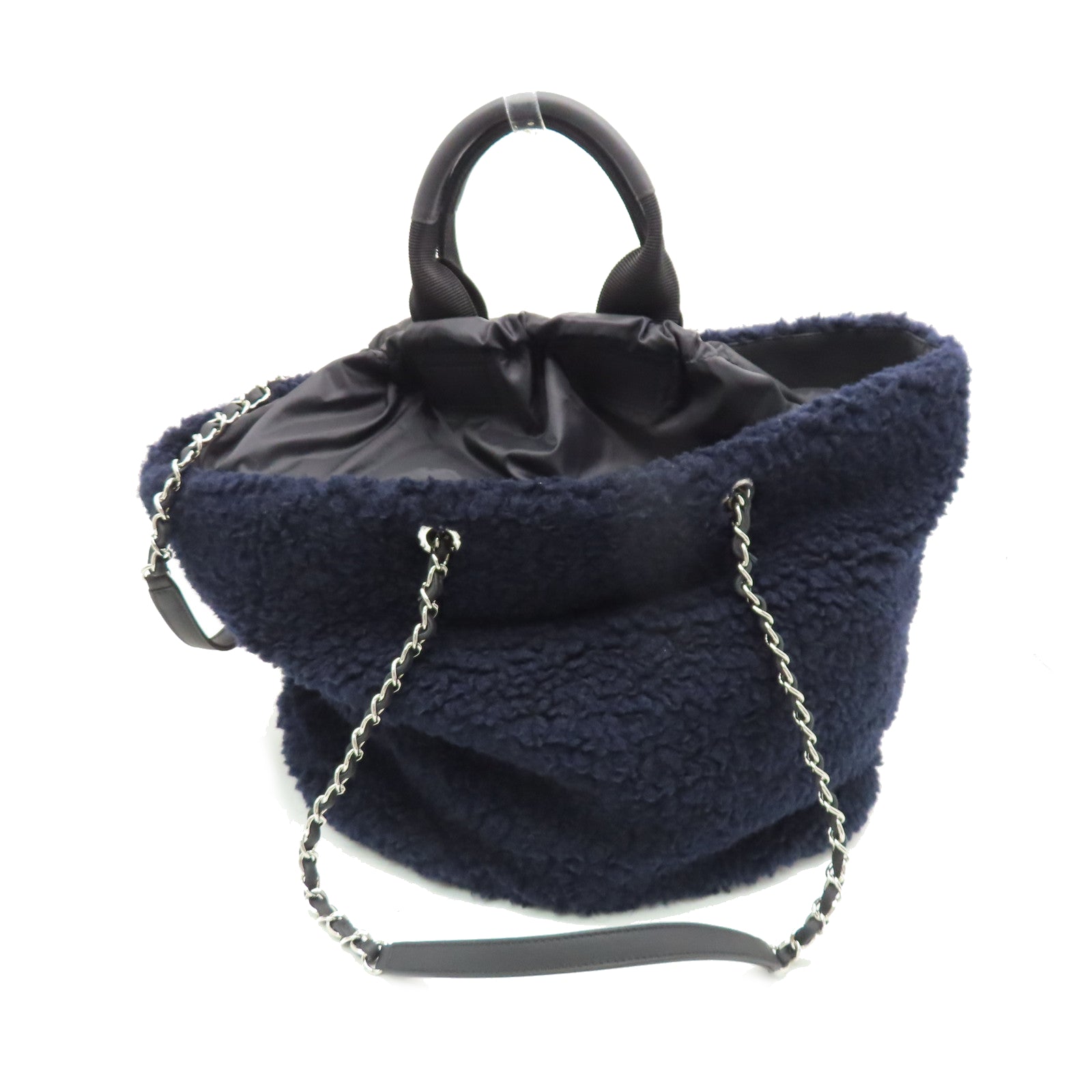 CHANEL Rhombus Wool/Nylon Tote Bag Silver Buckle Chain Belt Handle Bag Dark Blue/Black