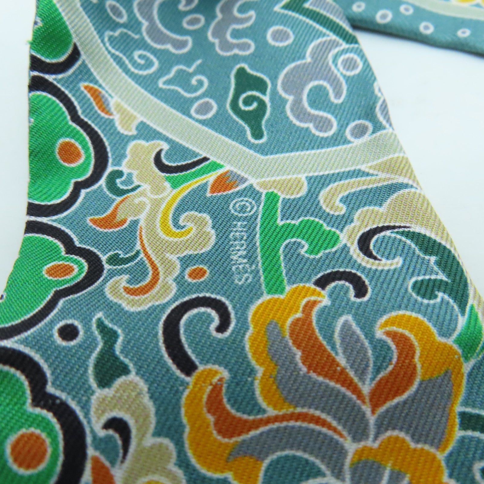 HERMES 絲質Twilly絲巾綠色彩色