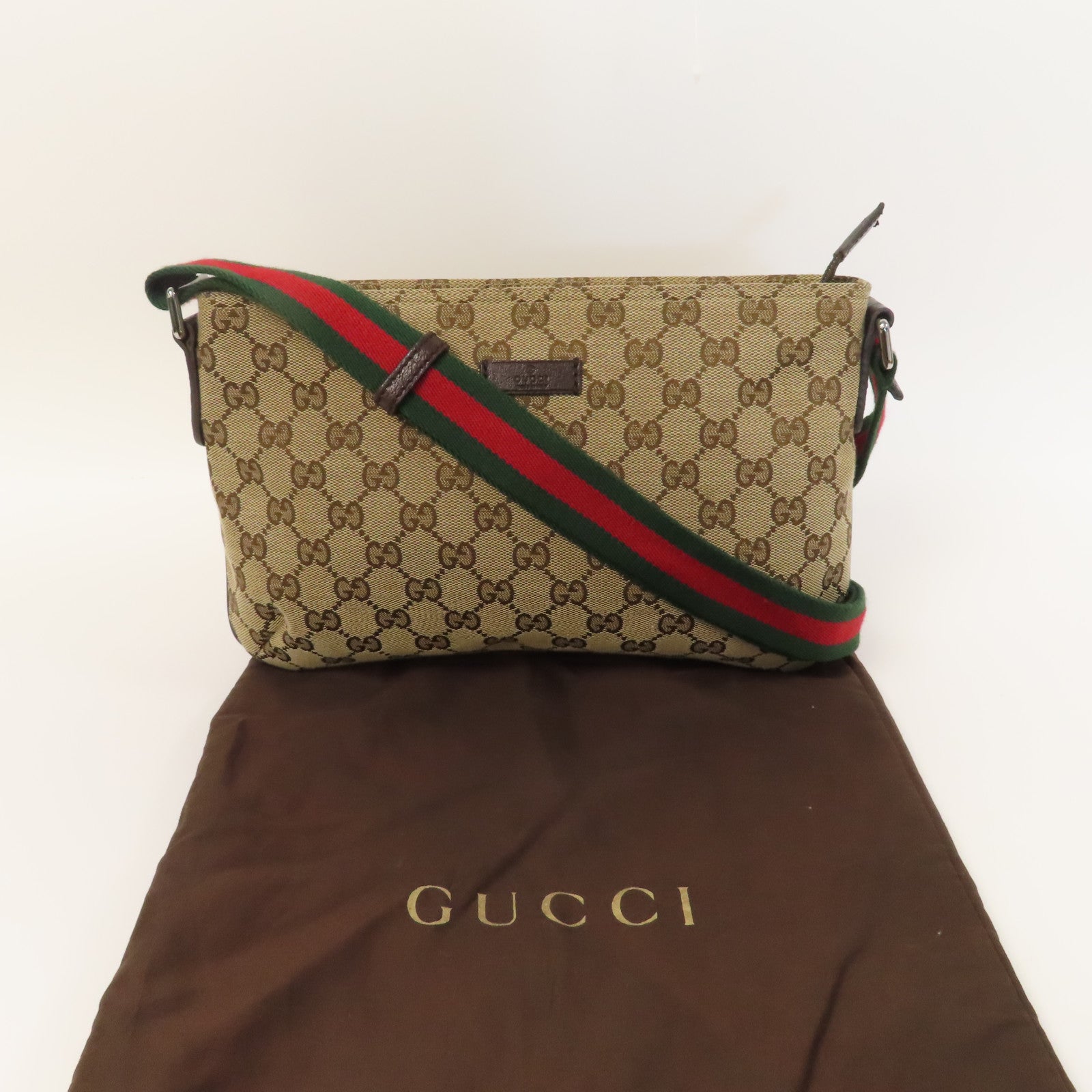 GUCCI 帆布Messenger Bag銀扣肩背袋啡色