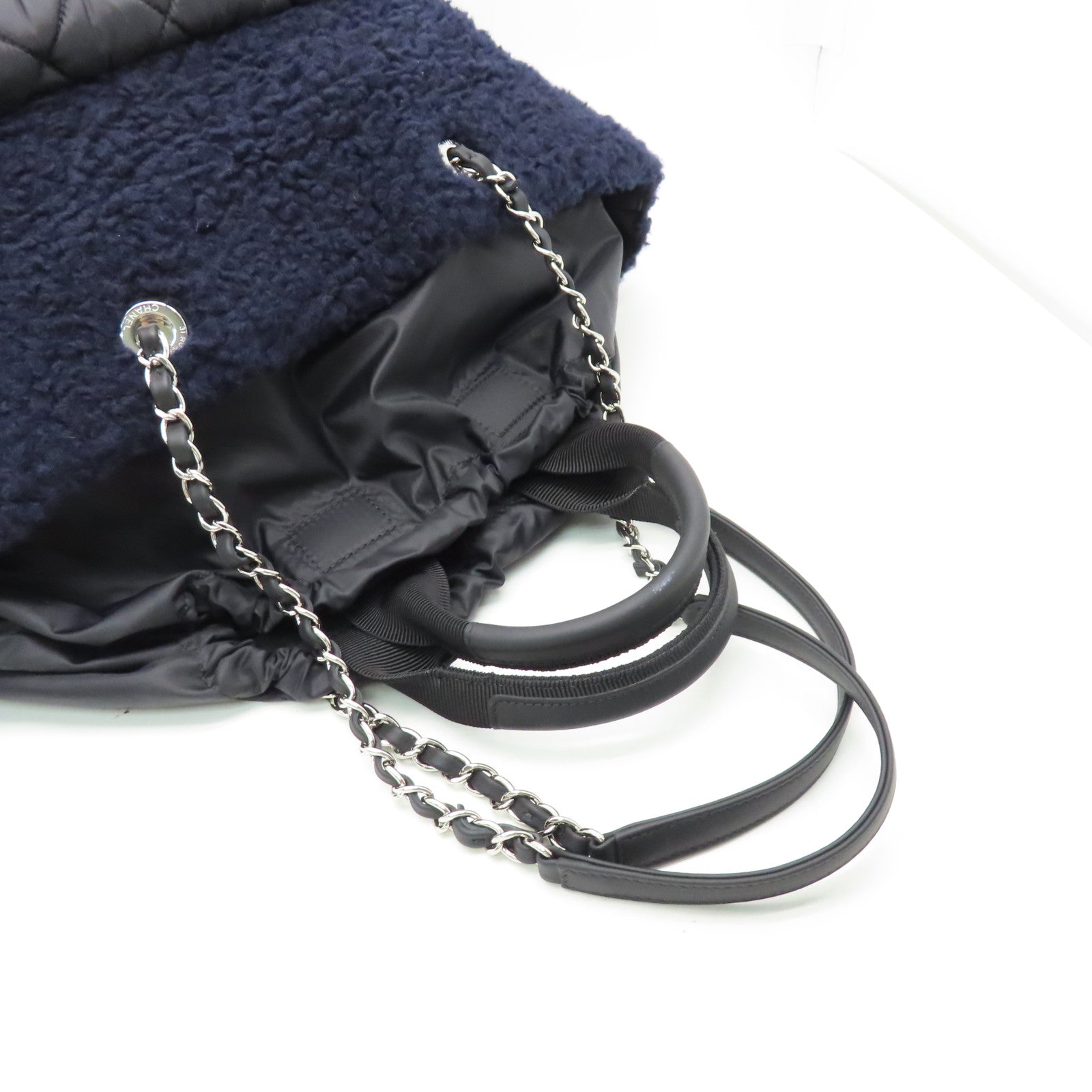 CHANEL Rhombus Wool/Nylon Tote Bag Silver Buckle Chain Belt Handle Bag Dark Blue/Black