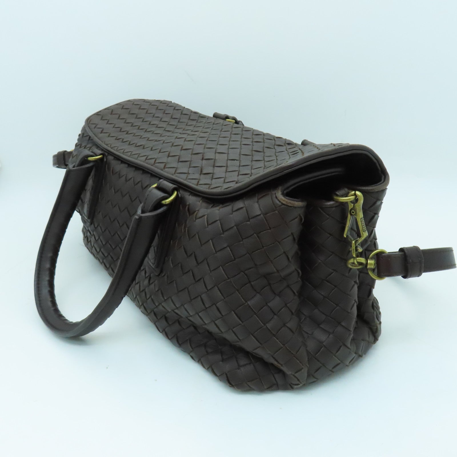 BOTTEGA VENETA 织纹皮革Hand Bag金扣手挽肩背两用袋啡色