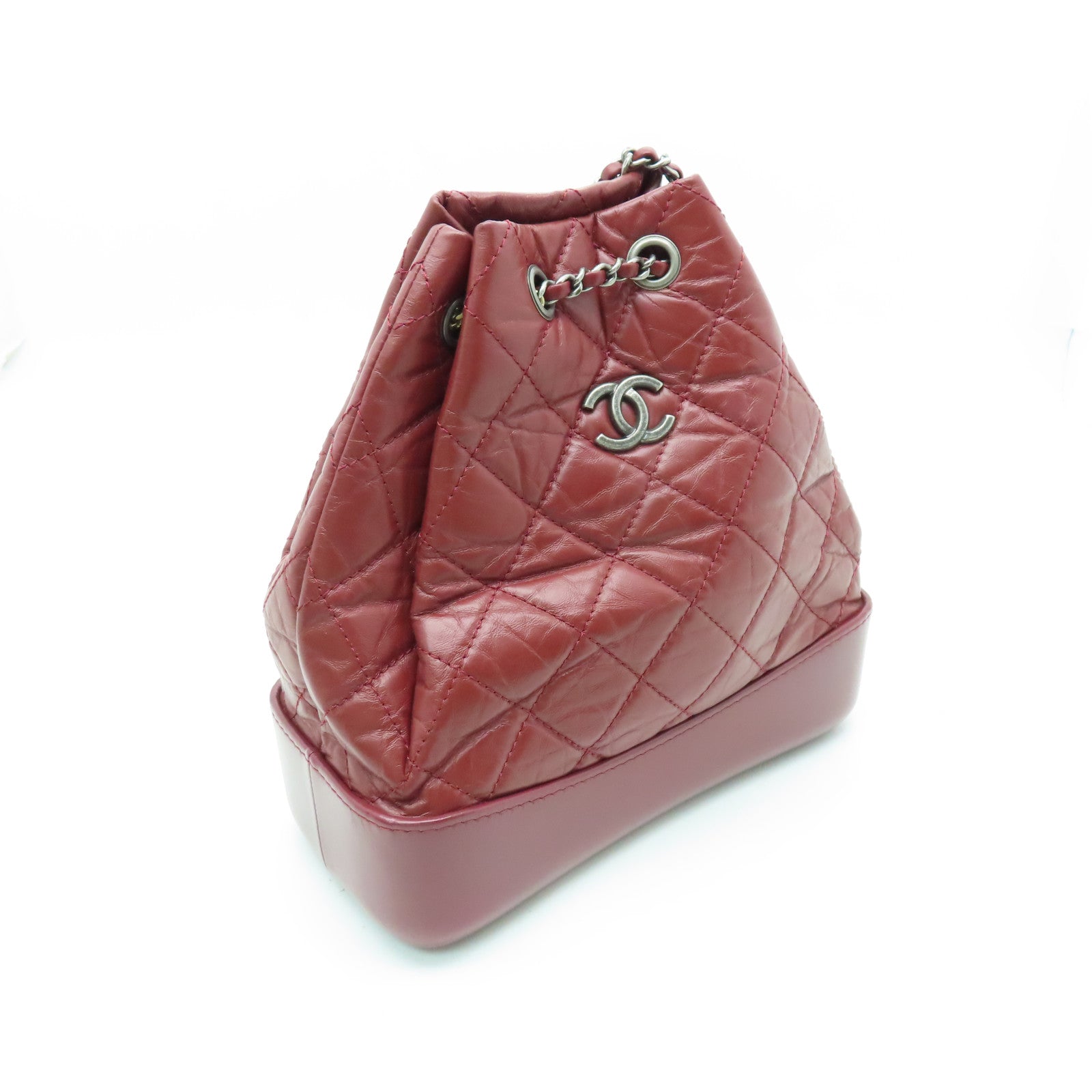 CHANEL rhombic cowhide leather Gabrielle Backpack gold and silver buckle chain belt backpack red