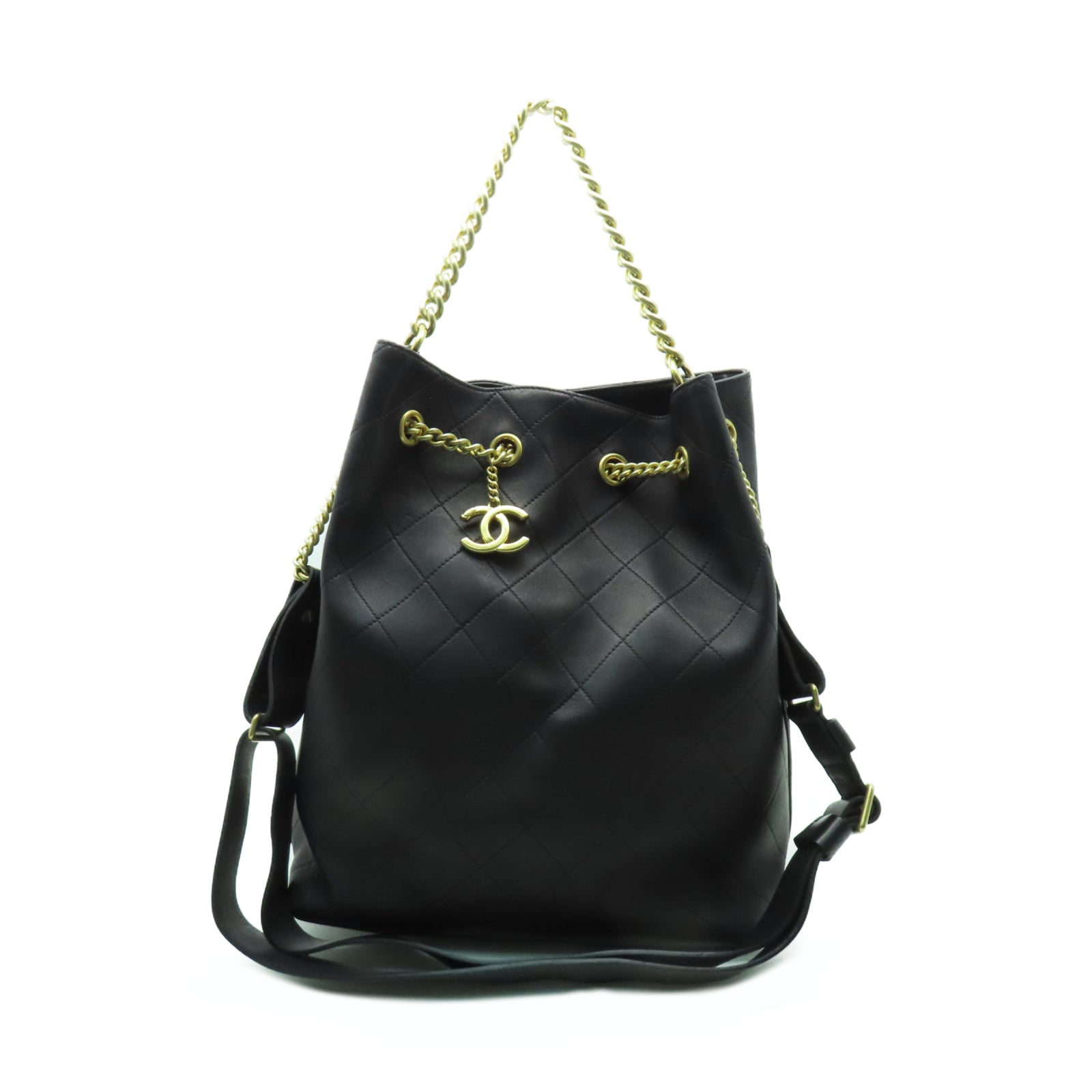 CHANEL 菱格牛皮皮革Shoulder Bag金扣手挽肩背兩用袋黑色