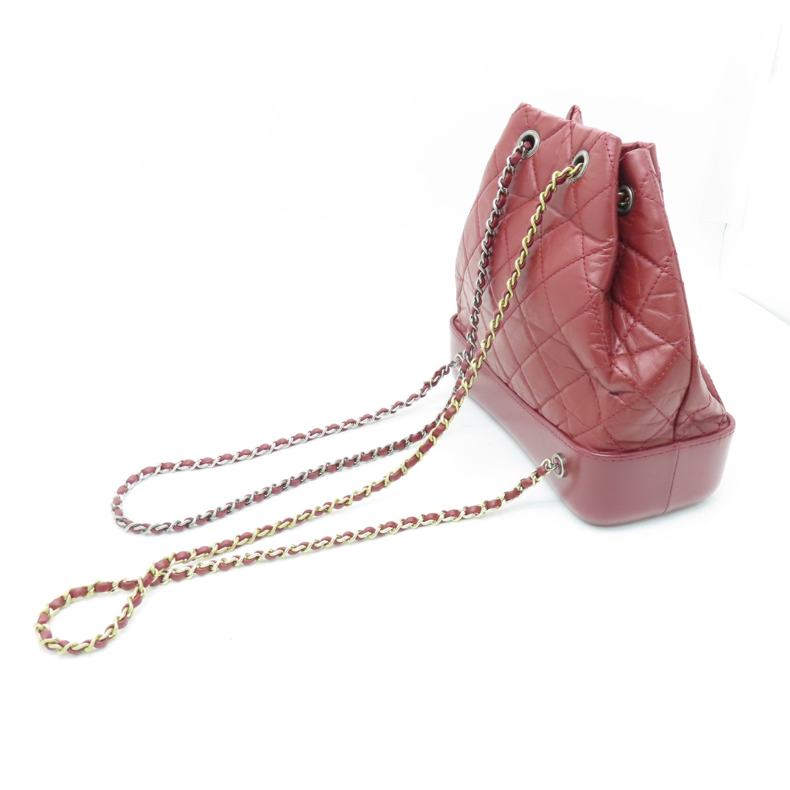 CHANEL rhombic cowhide leather Gabrielle Backpack gold and silver buckle chain belt backpack red