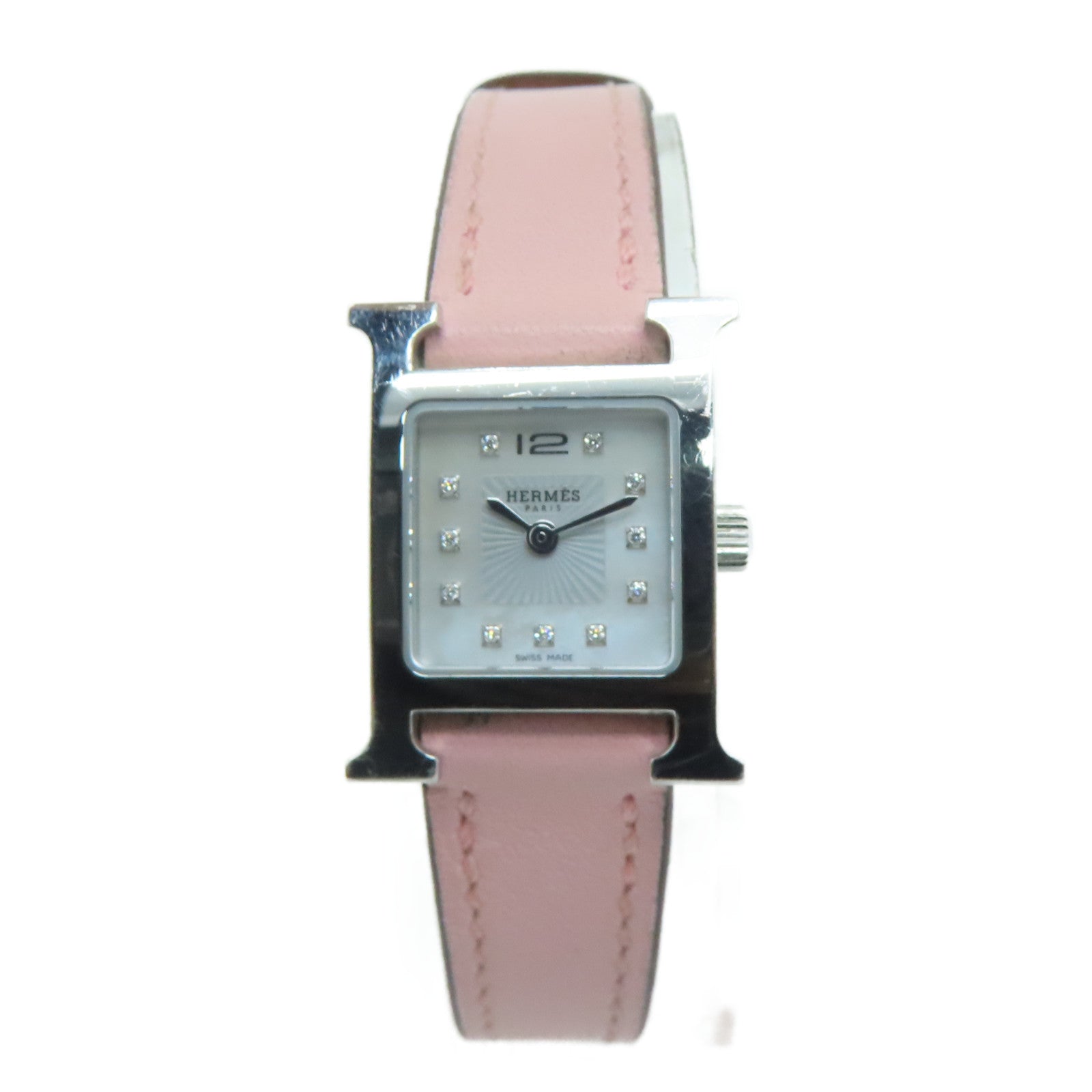 HERMES H watch stainless steel / leather band watch quartz movement white