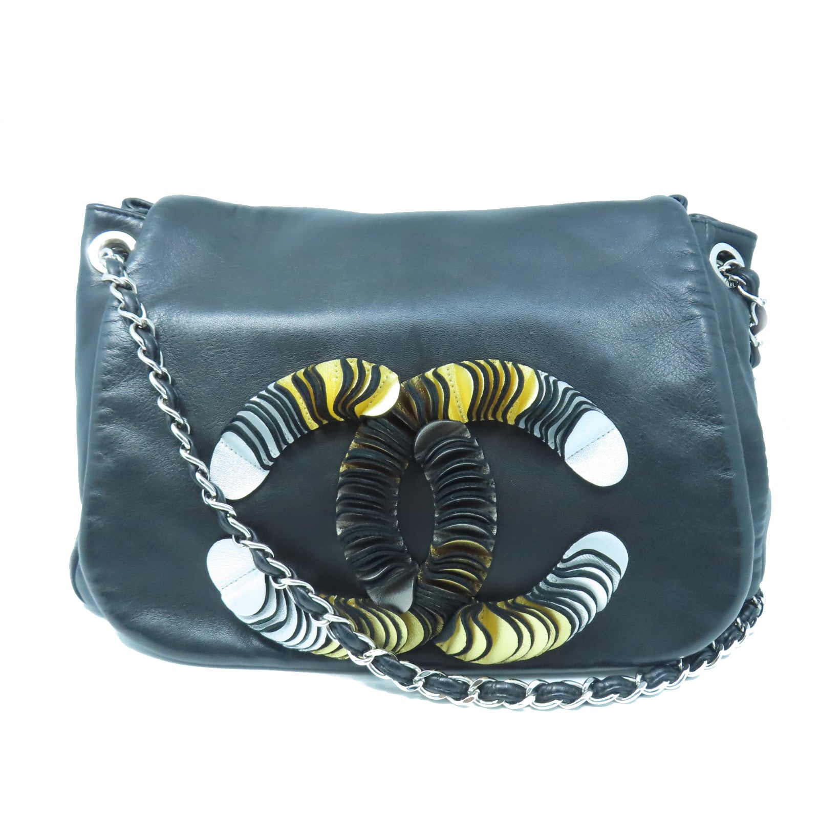 CHANEL Sheepskin Leather Chain Shoulder Silver Buckle Chain Shoulder Bag Black