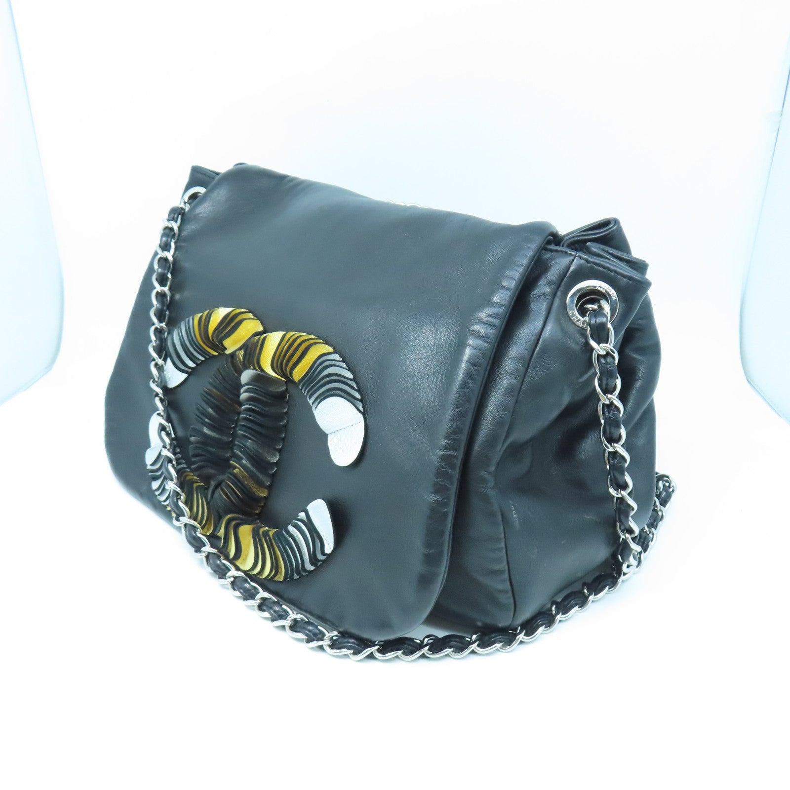 CHANEL Sheepskin Leather Chain Shoulder Silver Buckle Chain Shoulder Bag Black