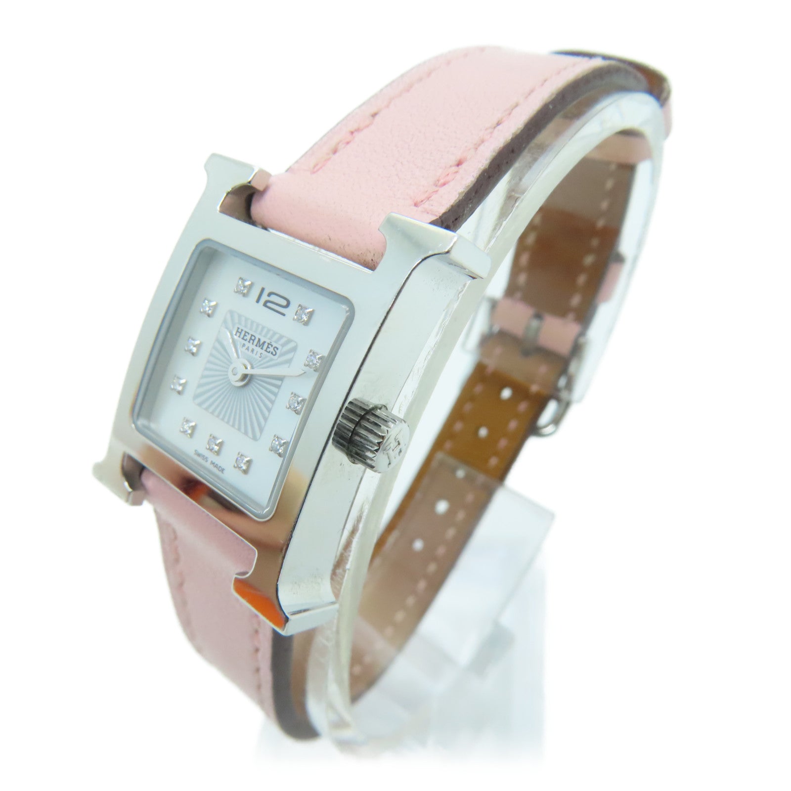 HERMES H watch stainless steel / leather band watch quartz movement white