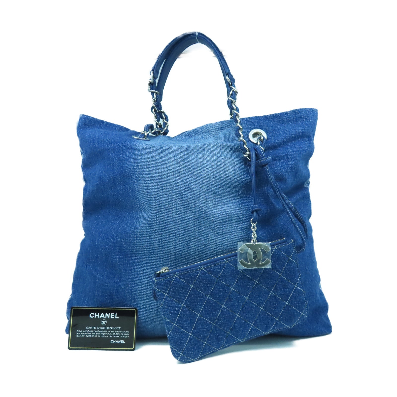 CHANEL 牛仔布Shoulder Tote銀扣鏈帶肩背袋藍色