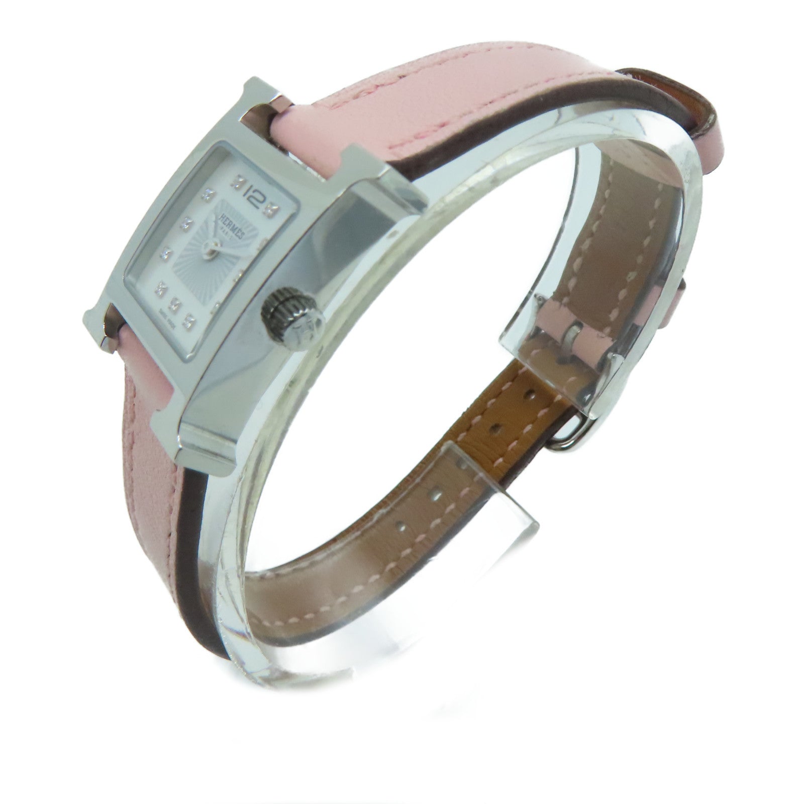 HERMES H watch stainless steel / leather band watch quartz movement white