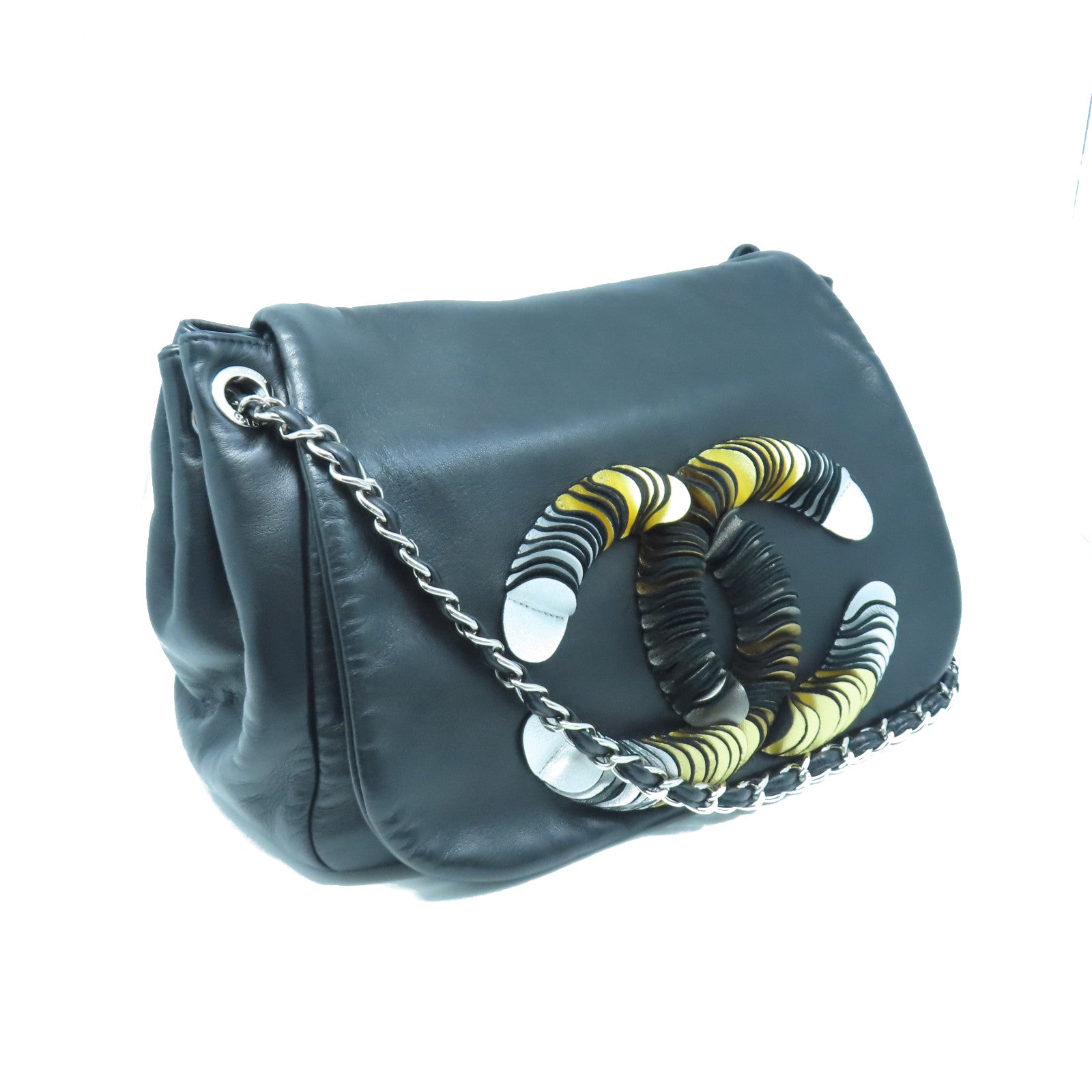 CHANEL Sheepskin Leather Chain Shoulder Silver Buckle Chain Shoulder Bag Black