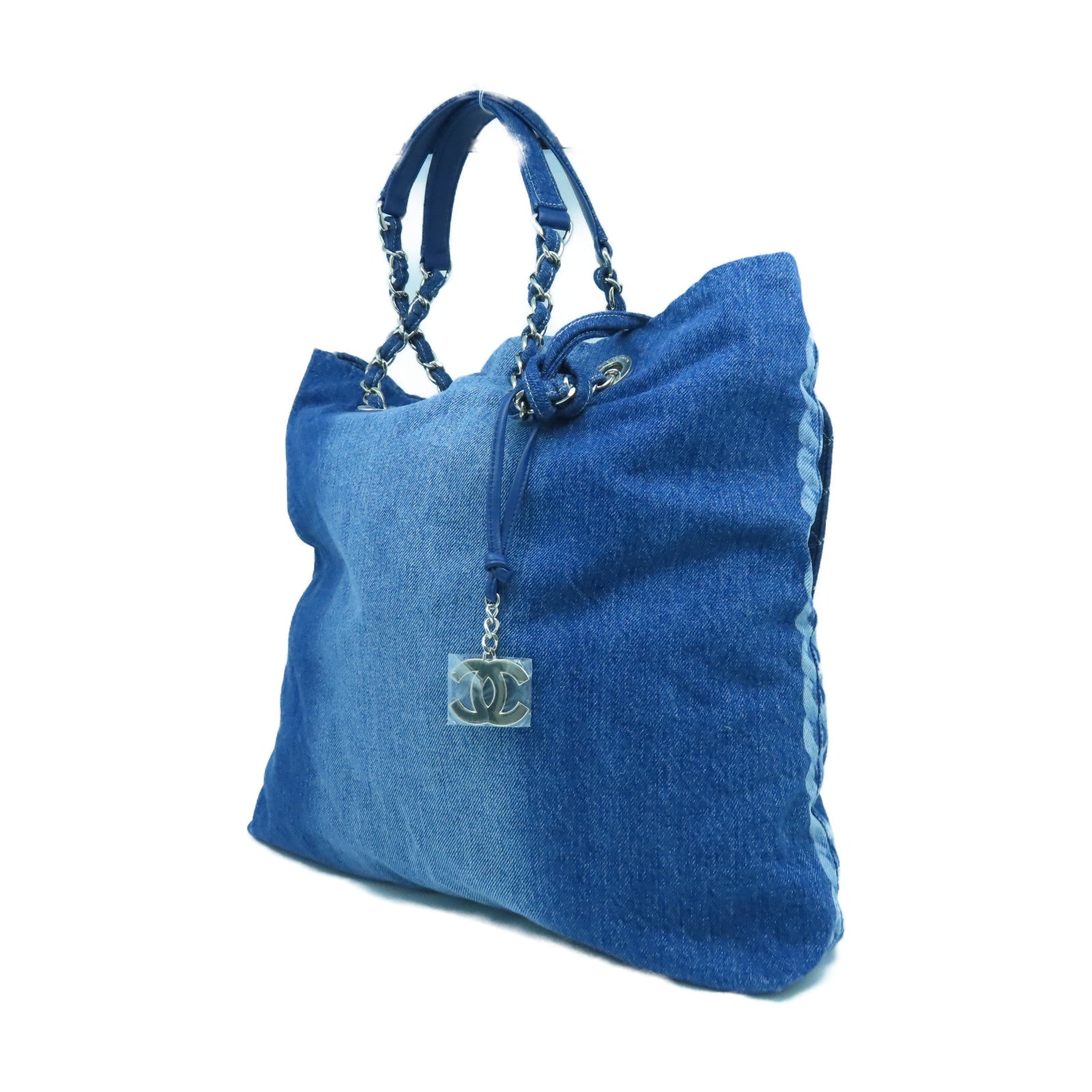 CHANEL 牛仔布Shoulder Tote銀扣鏈帶肩背袋藍色