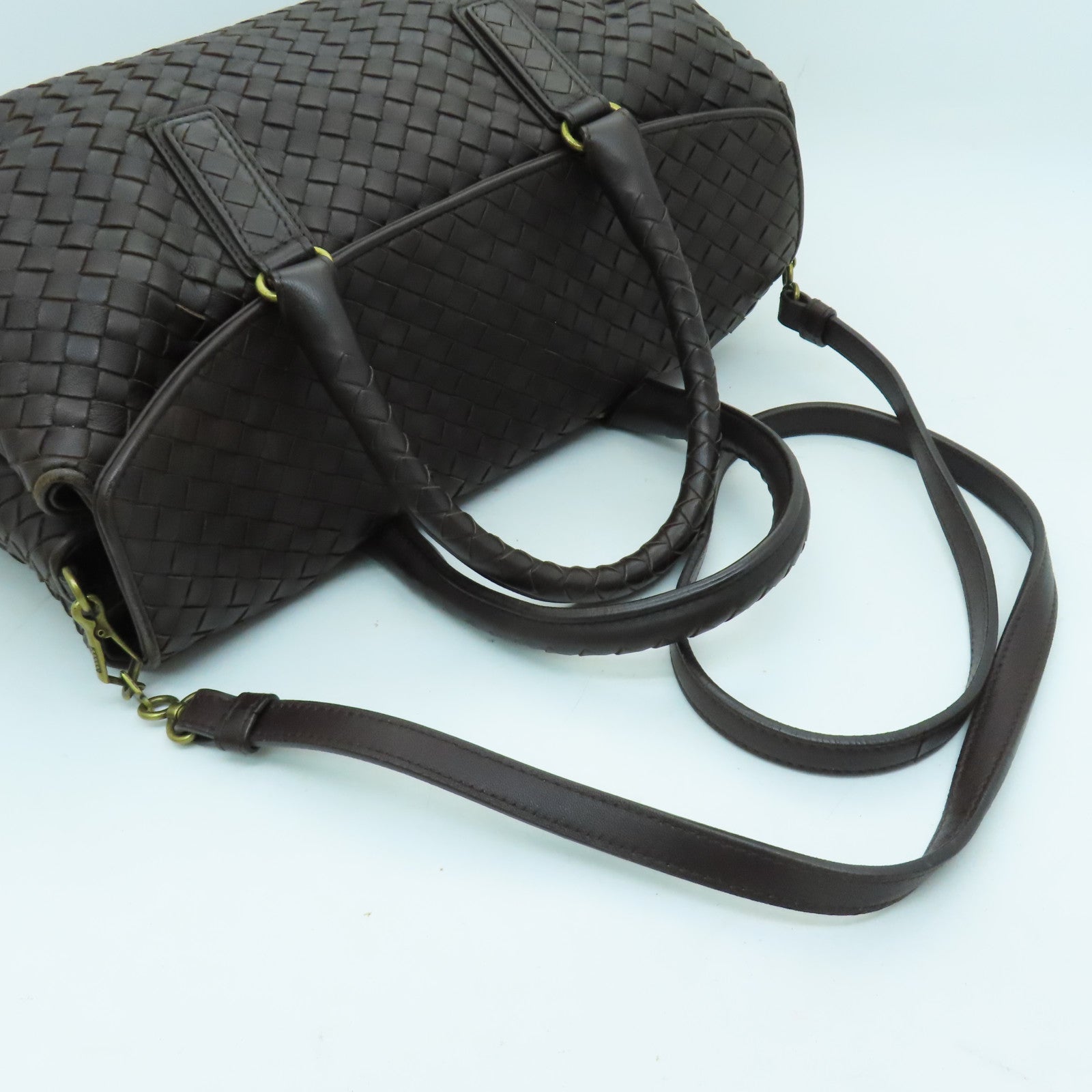 BOTTEGA VENETA 织纹皮革Hand Bag金扣手挽肩背两用袋啡色