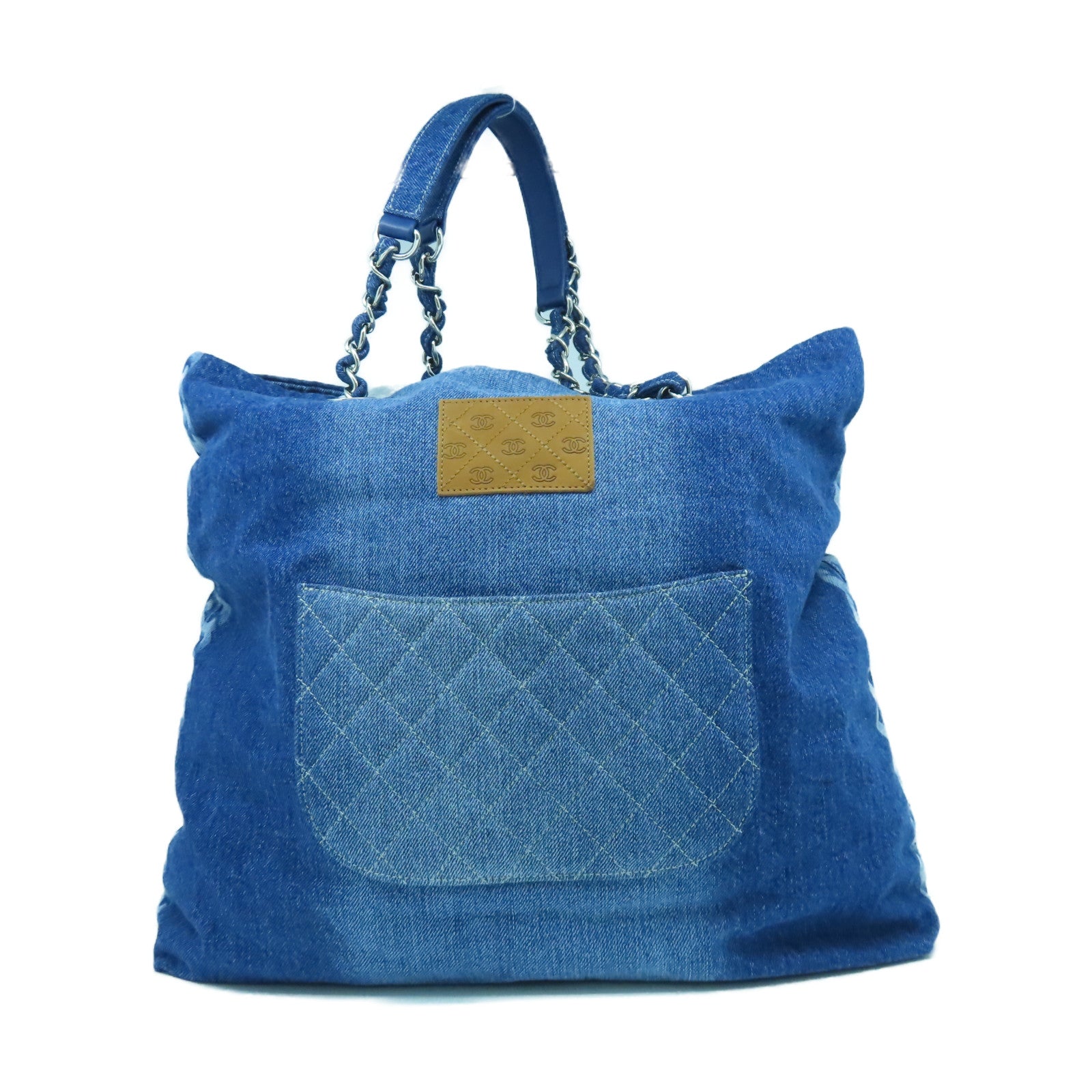 CHANEL 牛仔布Shoulder Tote銀扣鏈帶肩背袋藍色