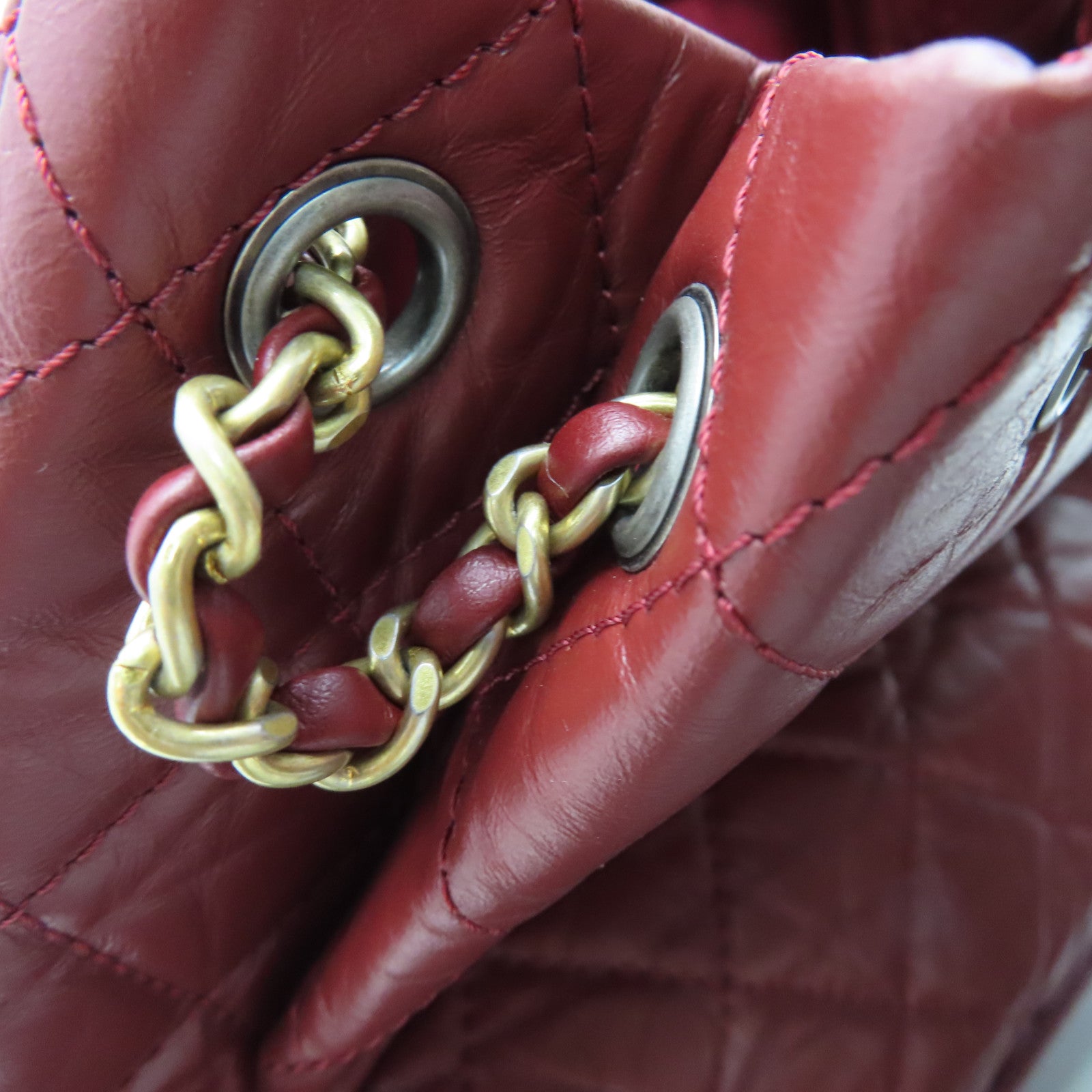 CHANEL rhombic cowhide leather Gabrielle Backpack gold and silver buckle chain belt backpack red