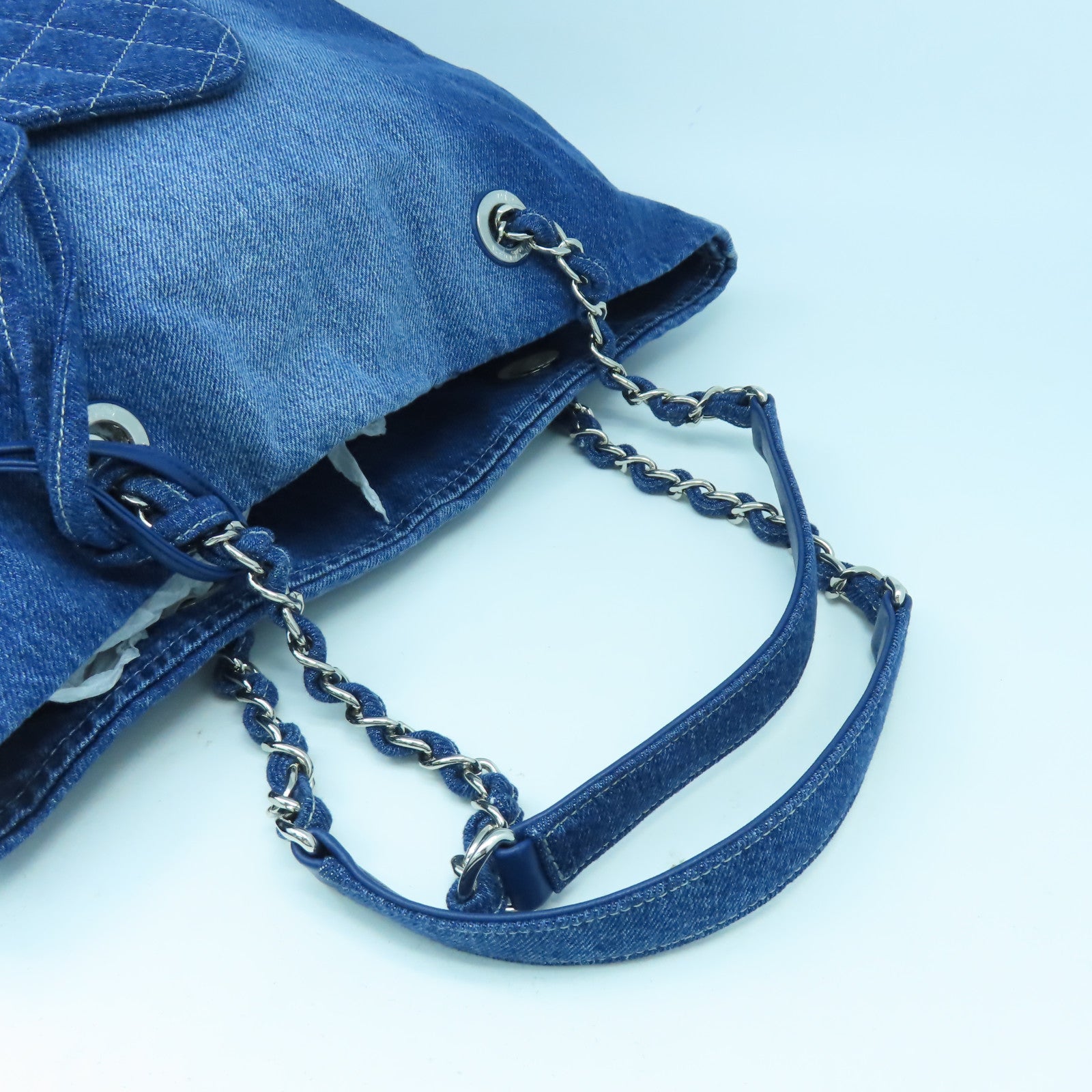 CHANEL 牛仔布Shoulder Tote銀扣鏈帶肩背袋藍色