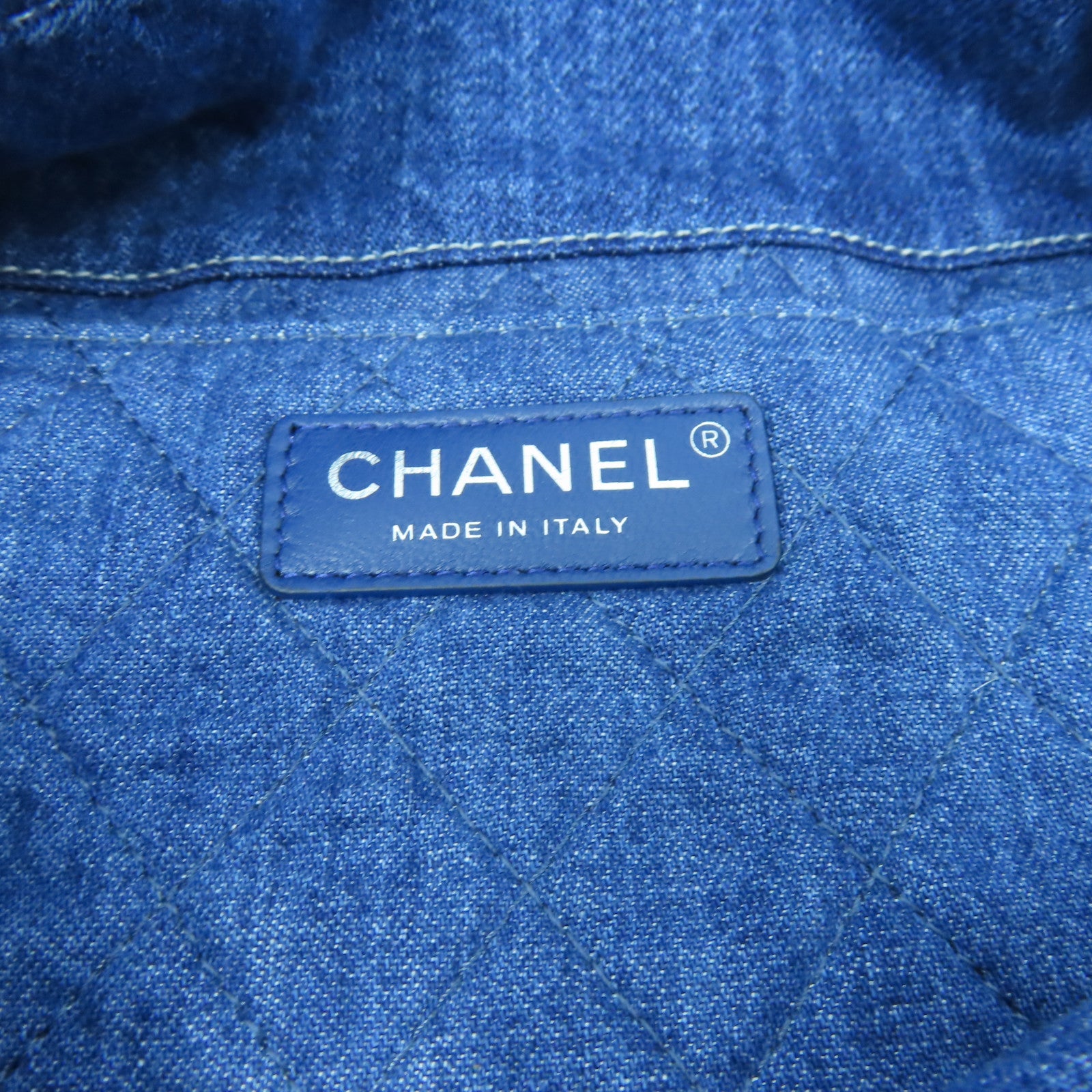 CHANEL 牛仔布Shoulder Tote銀扣鏈帶肩背袋藍色