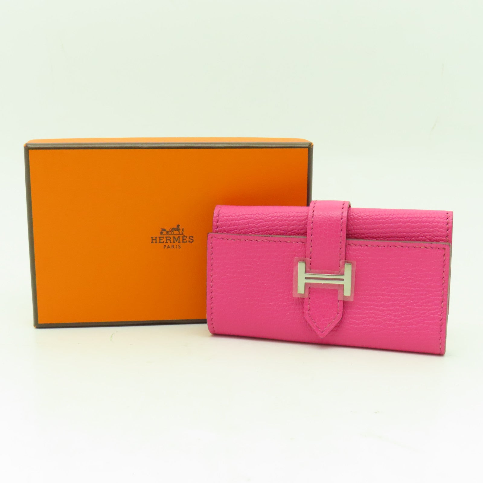 HERMES Chevre皮革Bearn Key Case銀扣鑰匙套粉紅色