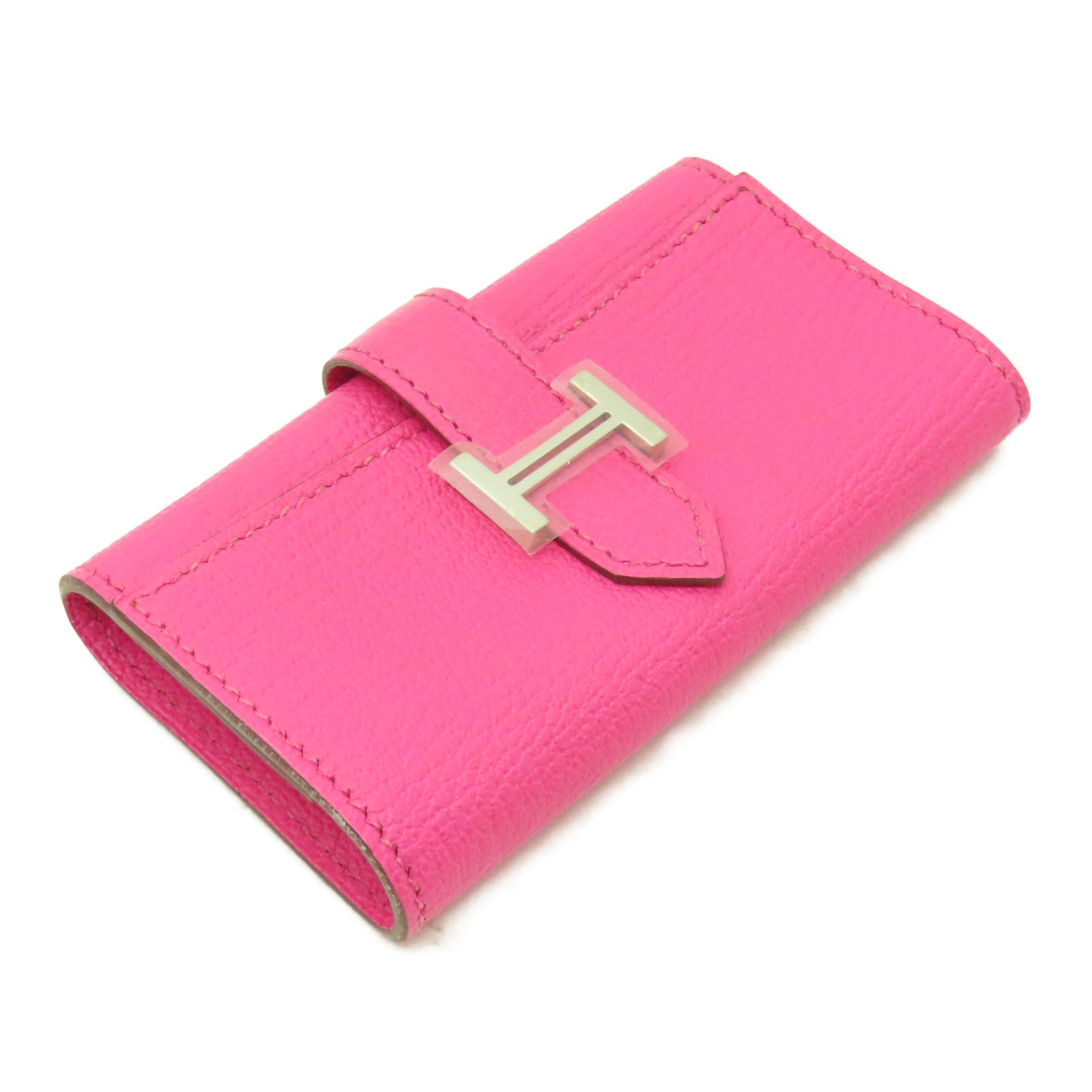 HERMES Chevre皮革Bearn Key Case銀扣鑰匙套粉紅色