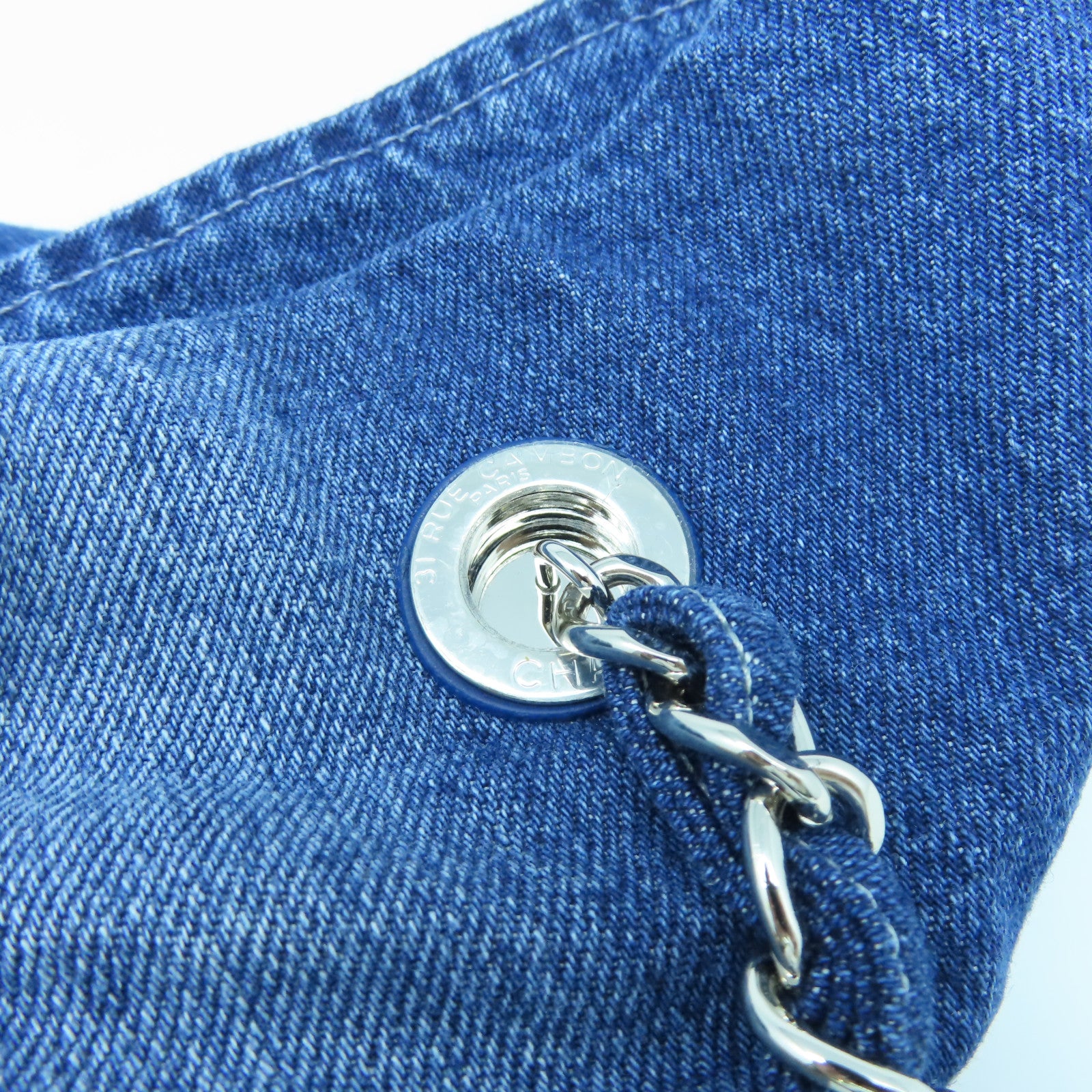 CHANEL 牛仔布Shoulder Tote銀扣鏈帶肩背袋藍色