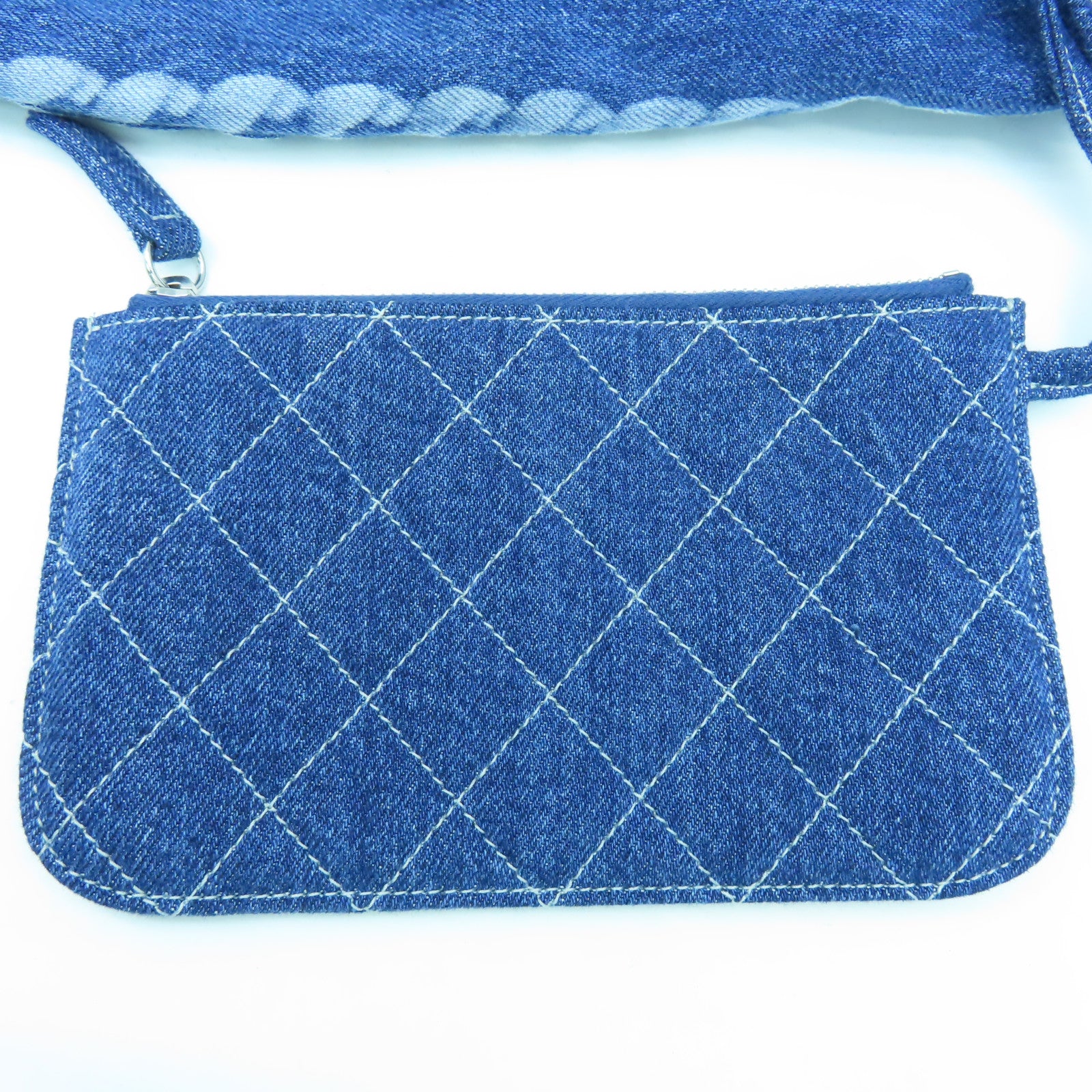 CHANEL 牛仔布Shoulder Tote銀扣鏈帶肩背袋藍色