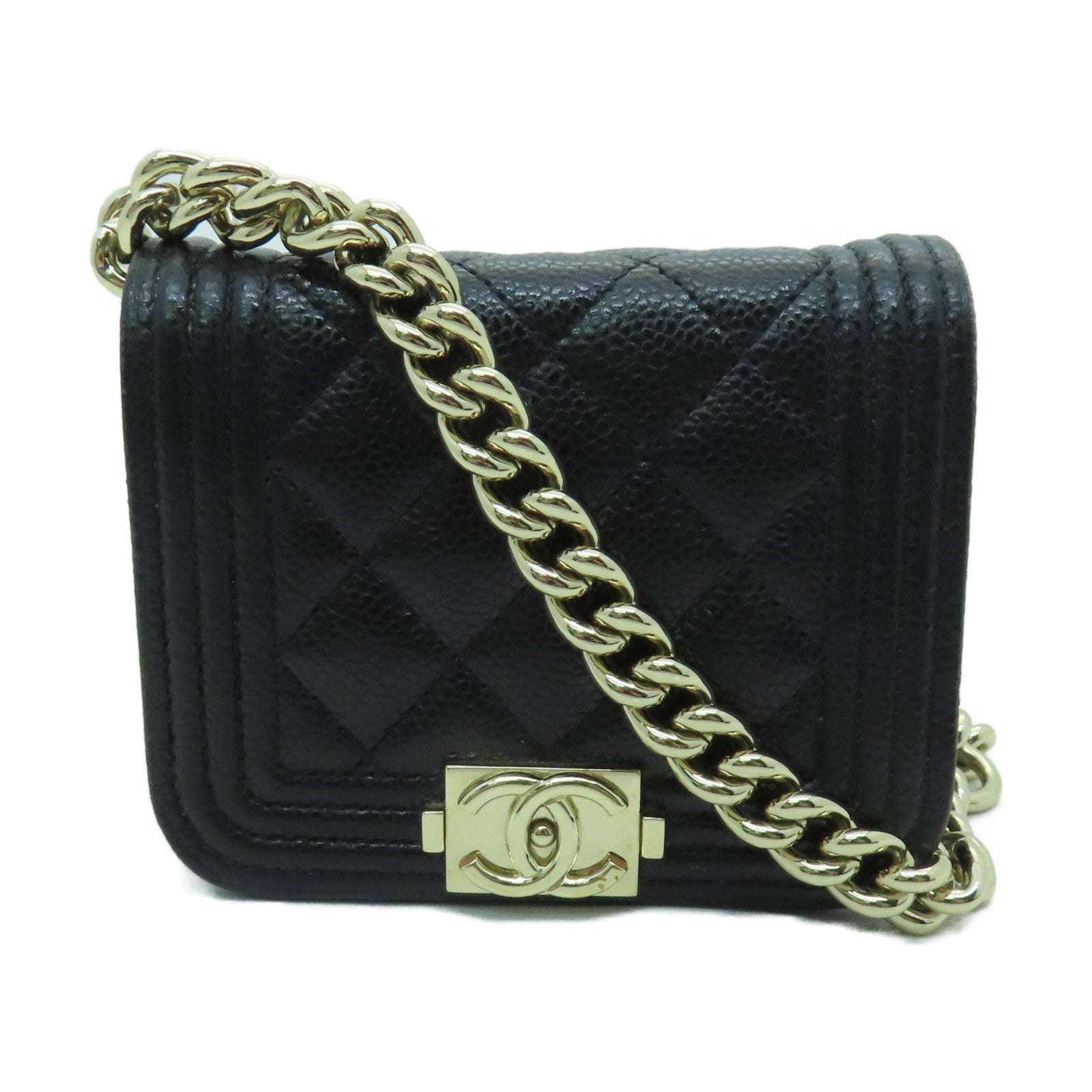CHANEL 菱格Caviar皮革Chain Shoulder金扣鏈帶肩背袋黑色