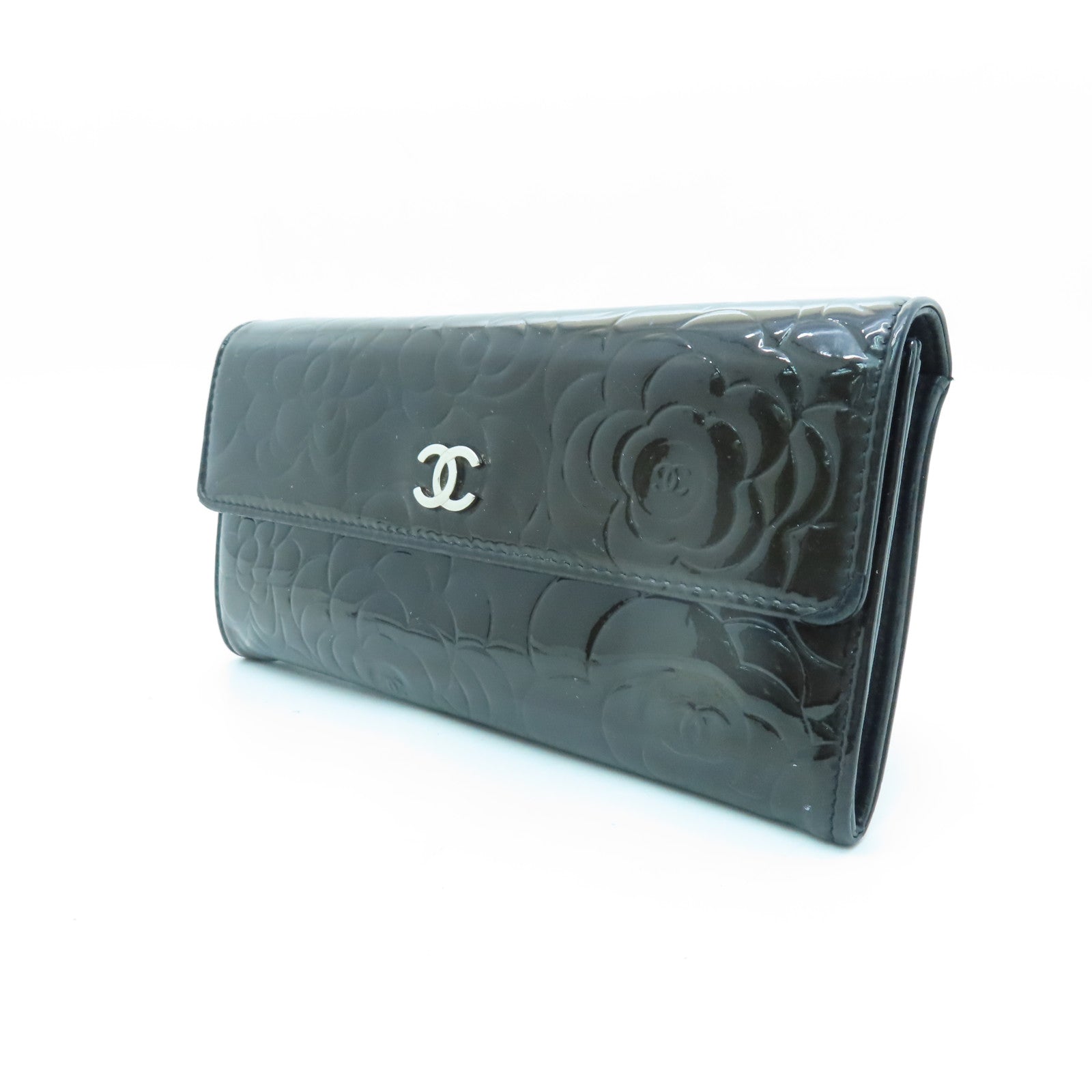 CHANEL 漆皮皮革Long Wallet銀扣長錢包棕色