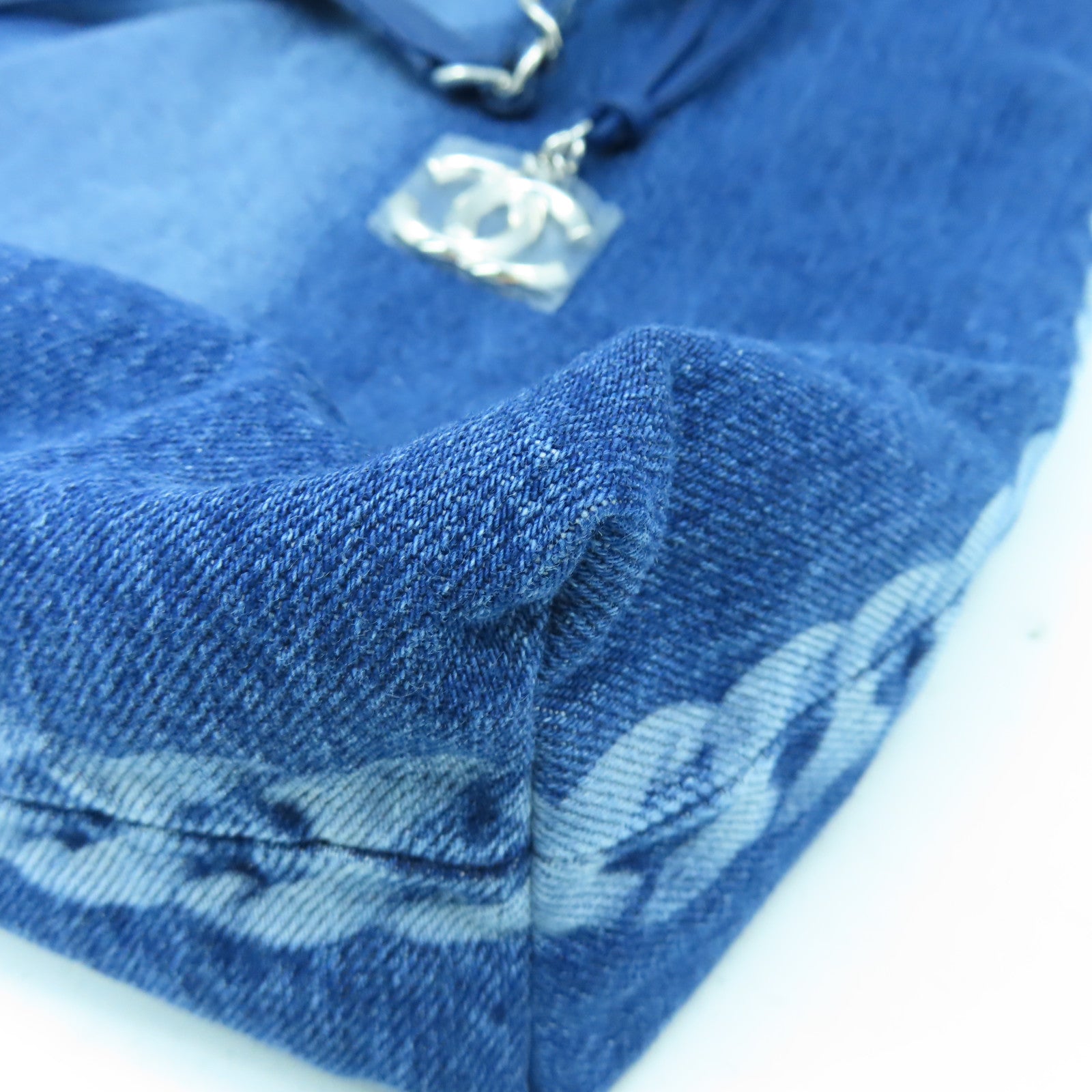 CHANEL 牛仔布Shoulder Tote銀扣鏈帶肩背袋藍色
