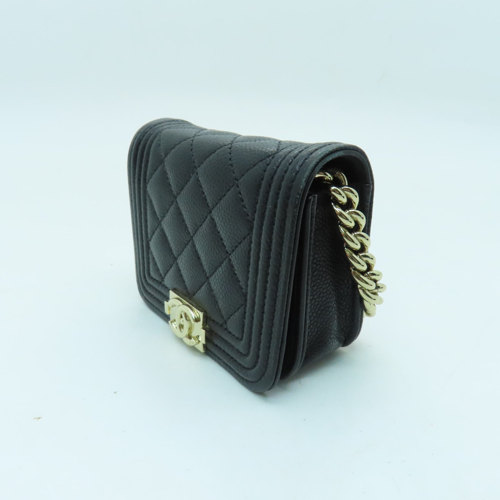 CHANEL 菱格Caviar皮革Chain Shoulder金扣鏈帶肩背袋黑色