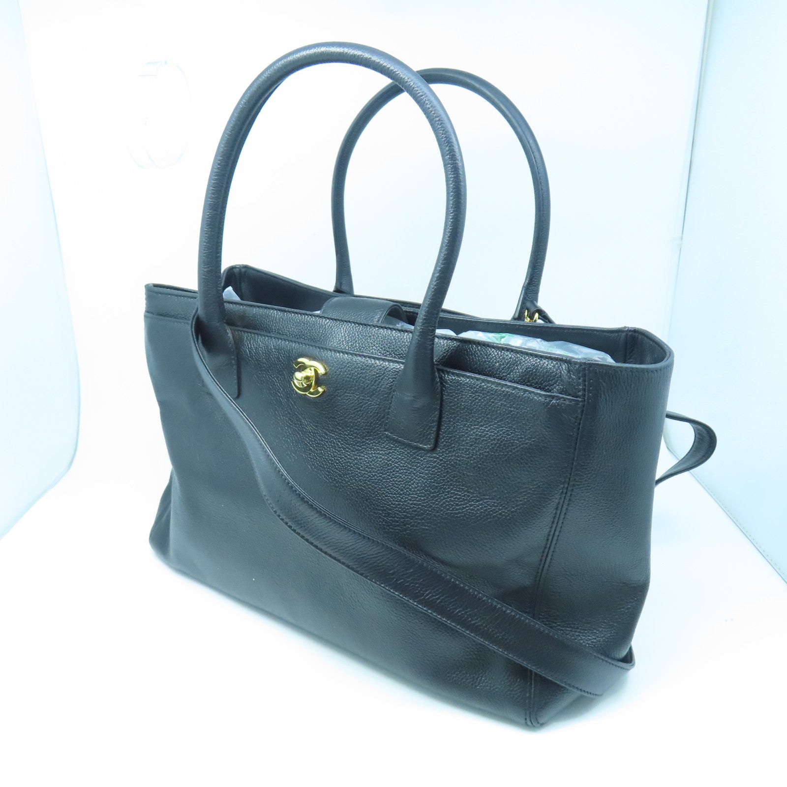 CHANEL Caviar Leather 2 Way Shoulder Gold Buckle Handle Shoulder Bag Black