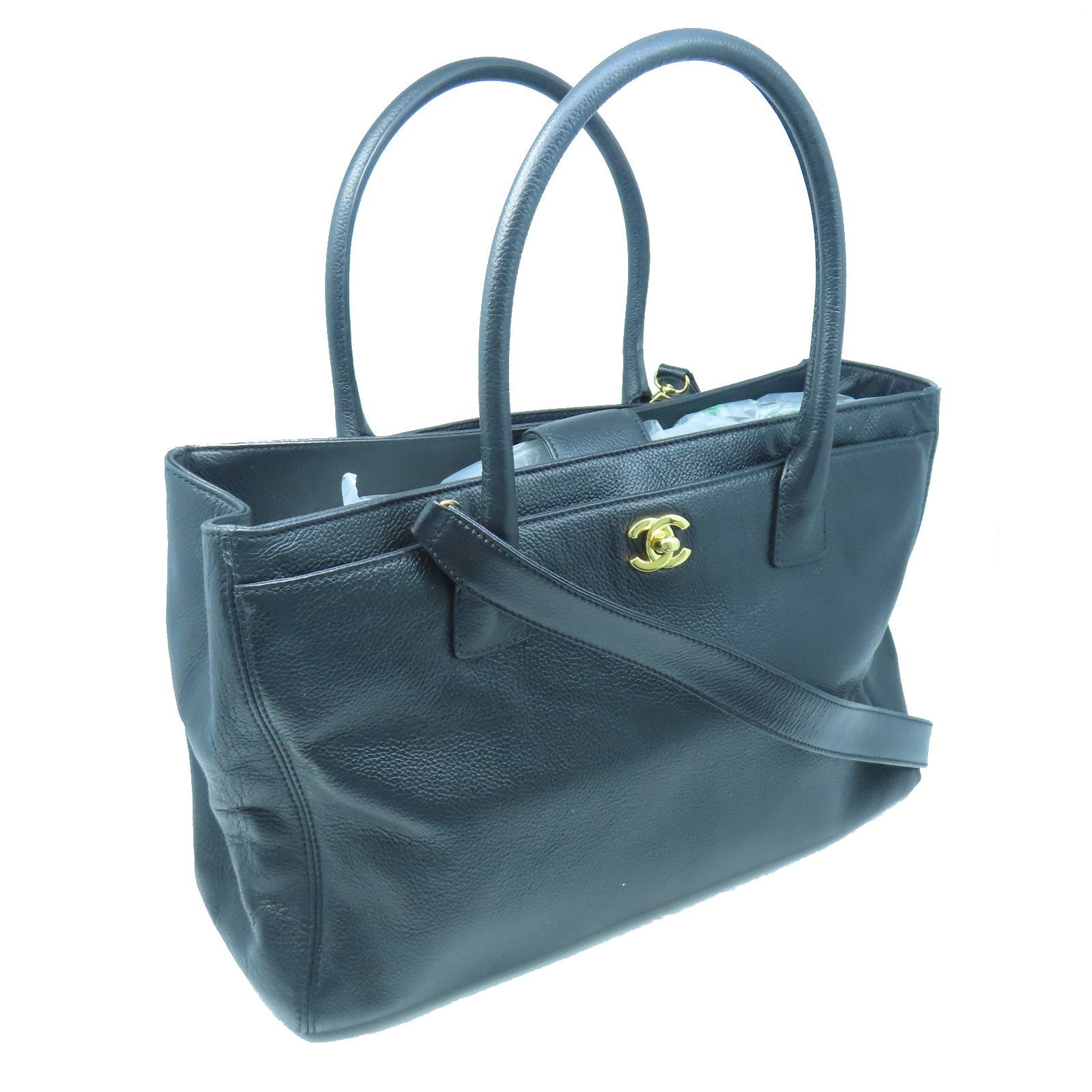 CHANEL Caviar Leather 2 Way Shoulder Gold Buckle Handle Shoulder Bag Black