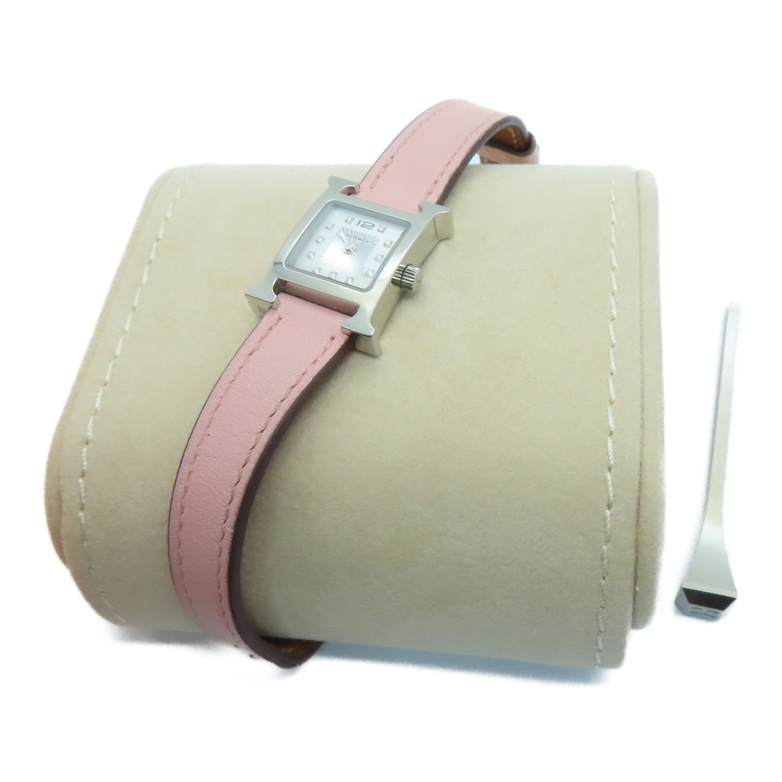 HERMES H watch stainless steel / leather band watch quartz movement white