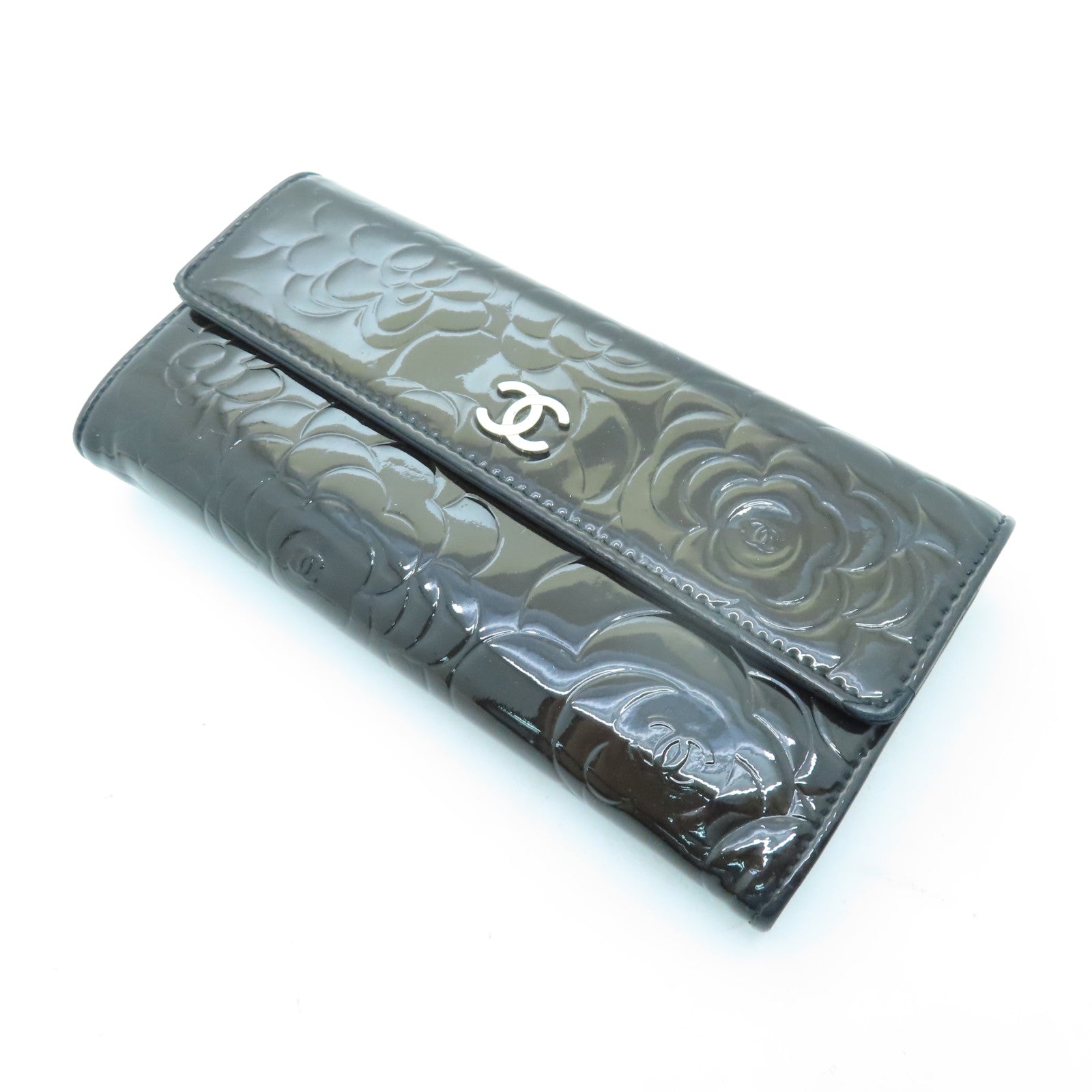 CHANEL 漆皮皮革Long Wallet銀扣長錢包棕色