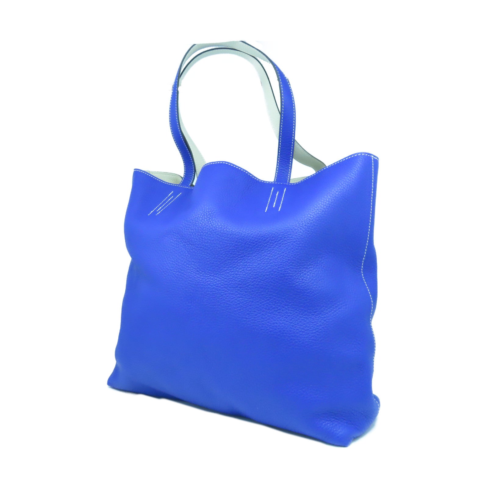 HERMES Clemence皮革Double Sens 45肩背袋Bleu Electrique電光藍/Craie奶昔白