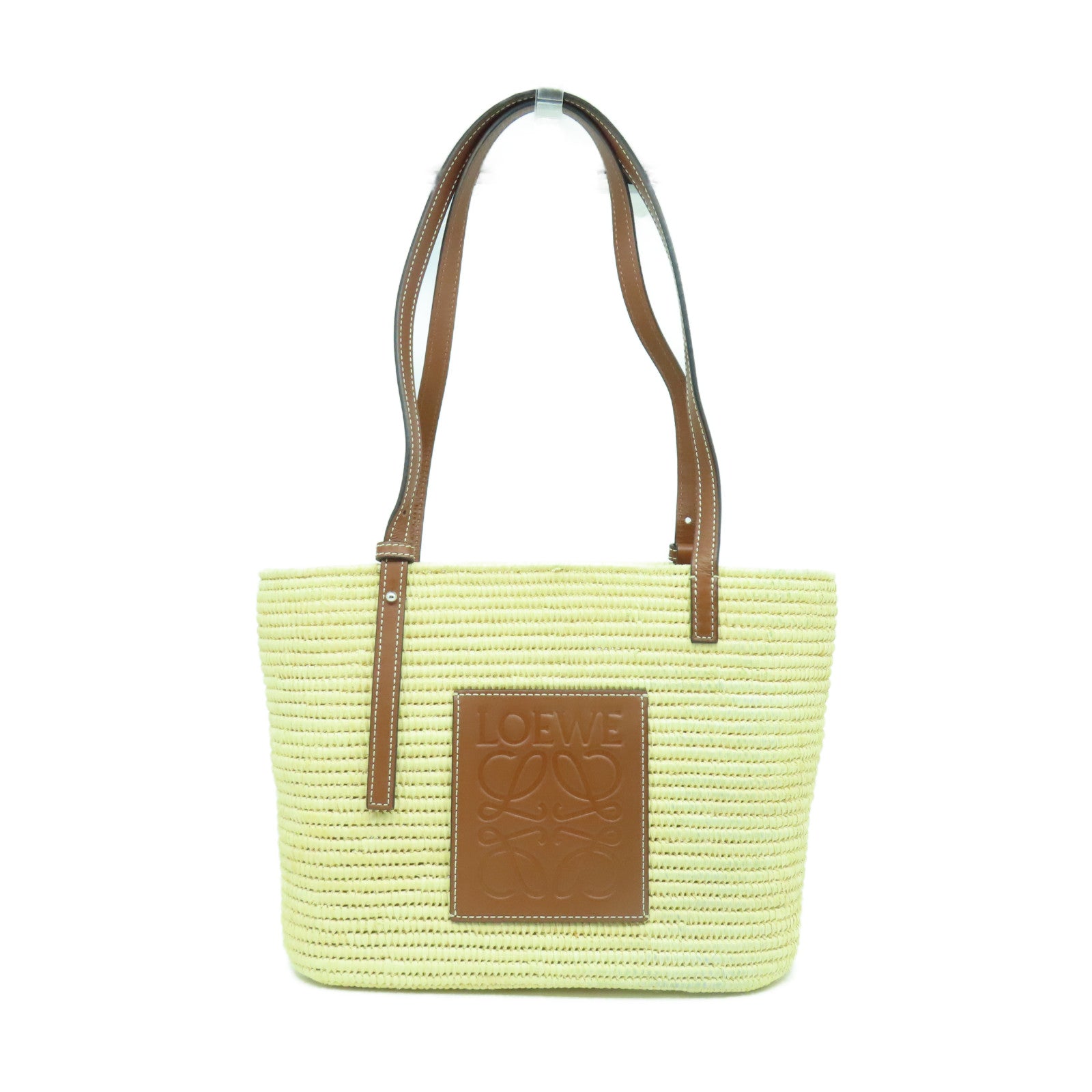 LOEWE 酒椰/皮革Small Square Basket Tote Bag銀扣手挽袋淺黃色/啡色