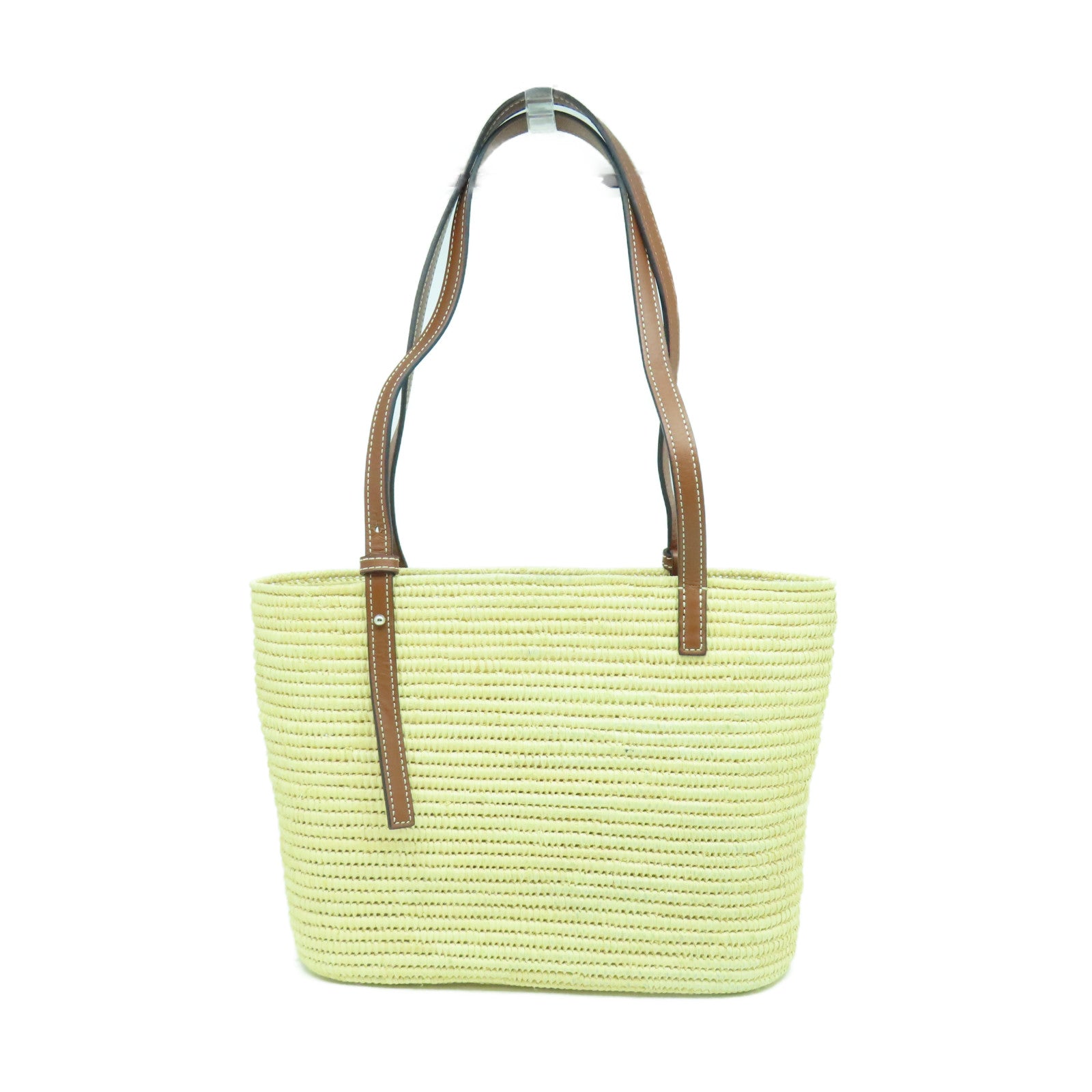 LOEWE 酒椰/皮革Small Square Basket Tote Bag銀扣手挽袋淺黃色/啡色