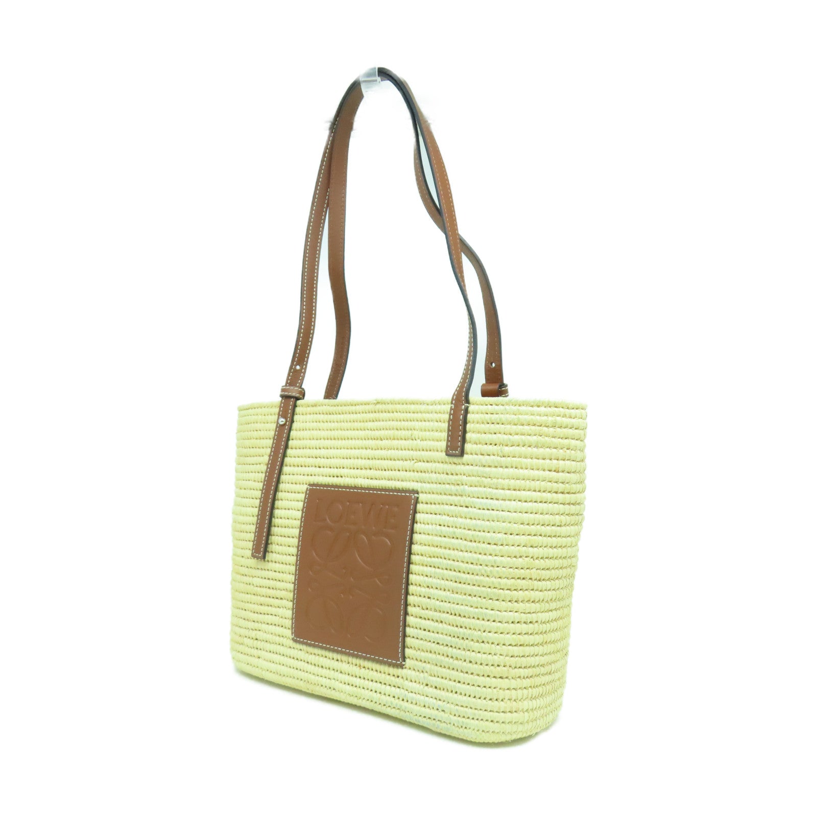 LOEWE 酒椰/皮革Small Square Basket Tote Bag銀扣手挽袋淺黃色/啡色