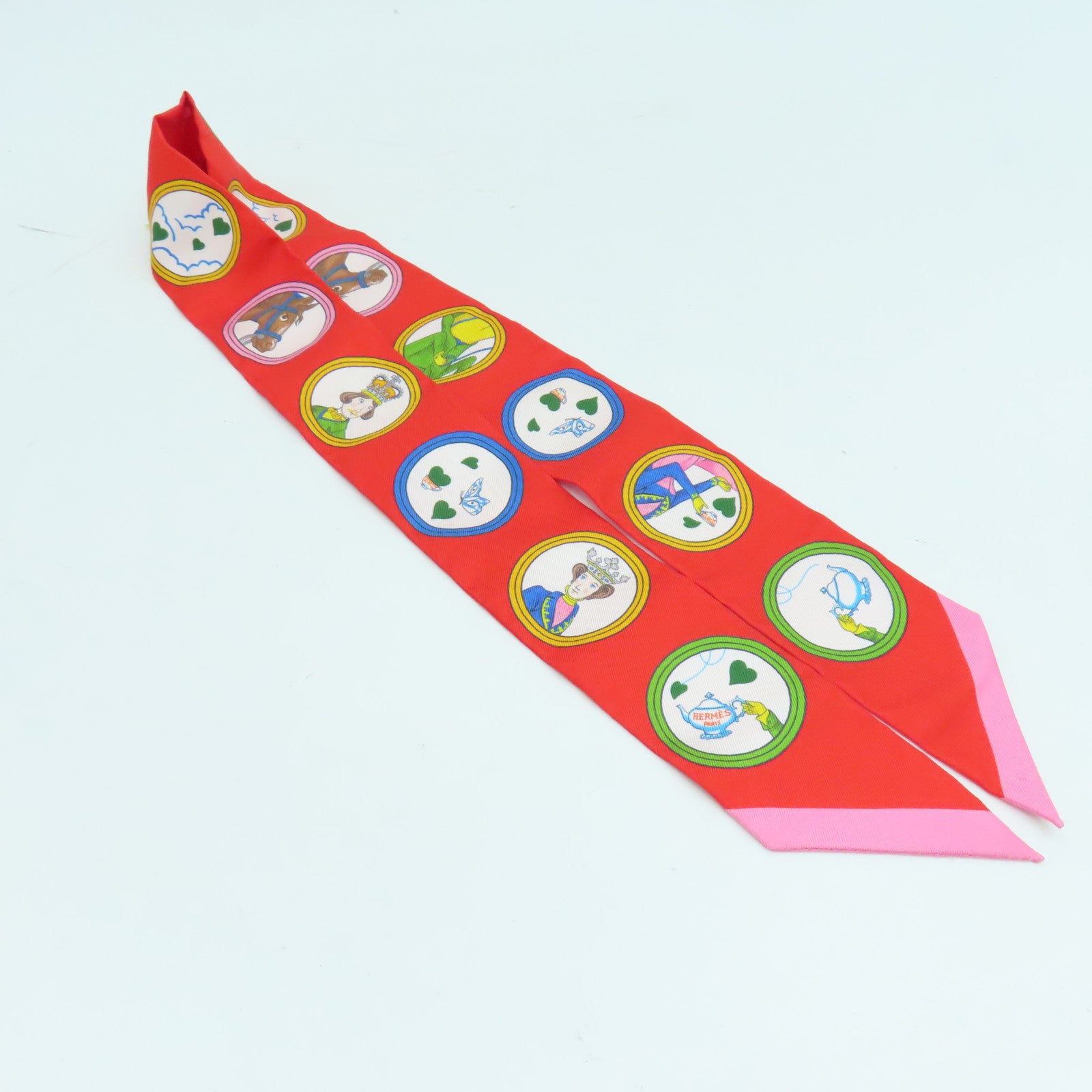 HERMES 絲質Twilly絲巾紅色/粉紅色