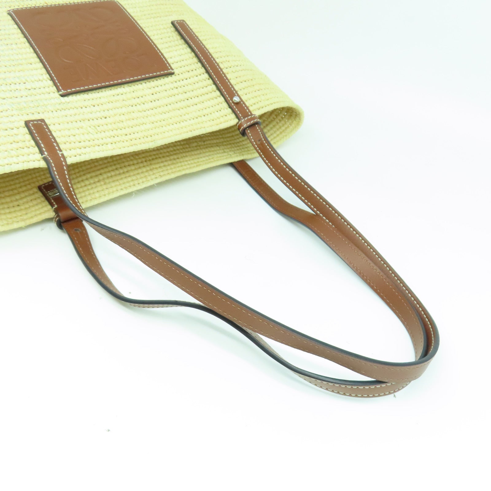 LOEWE 酒椰/皮革Small Square Basket Tote Bag銀扣手挽袋淺黃色/啡色